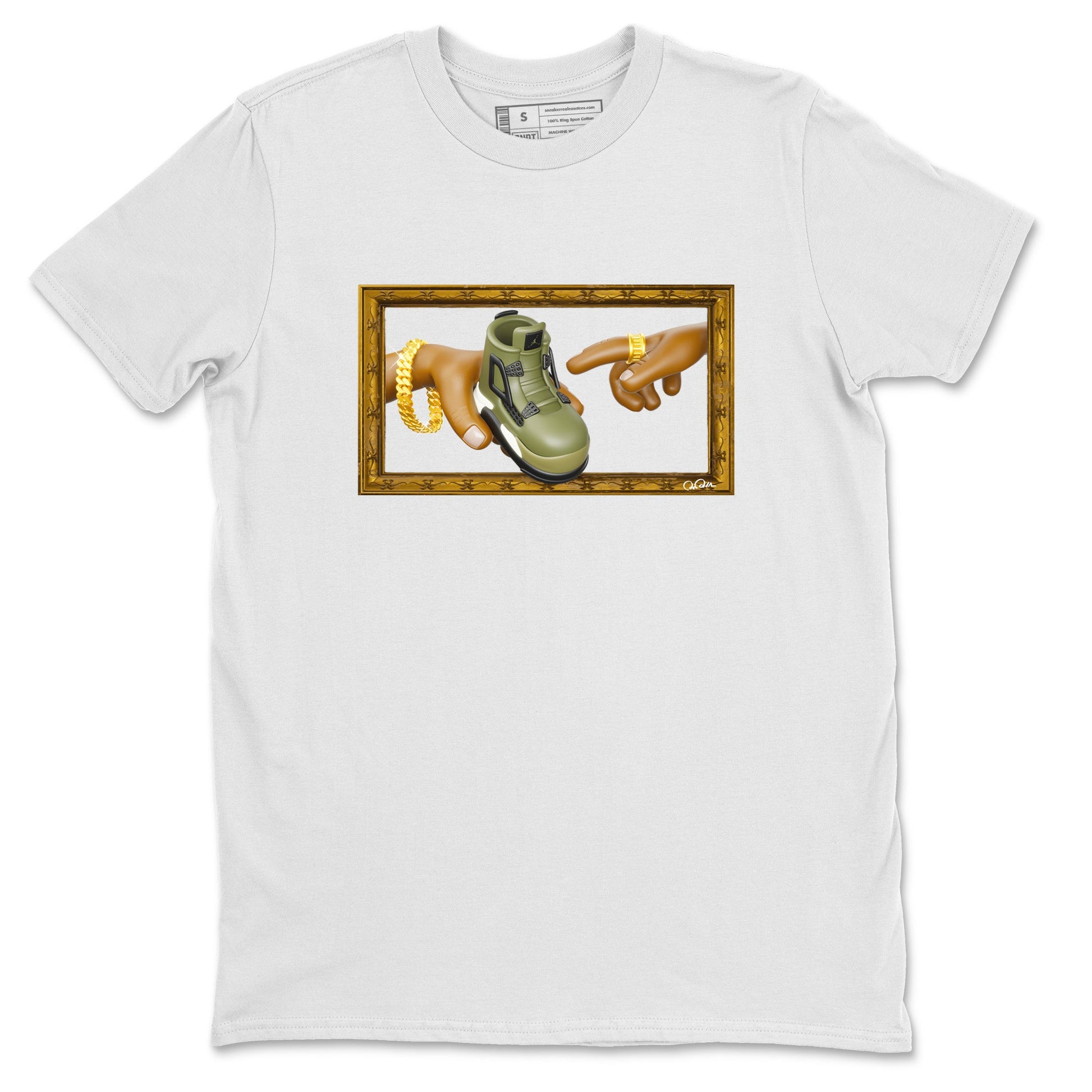 Air Jordan 4 Medium Olive shirt to match jordans The Creation of Adam sneaker tees AJ4 Medium Olive SNRT Sneaker Release Tees Unisex White 2 T-Shirt