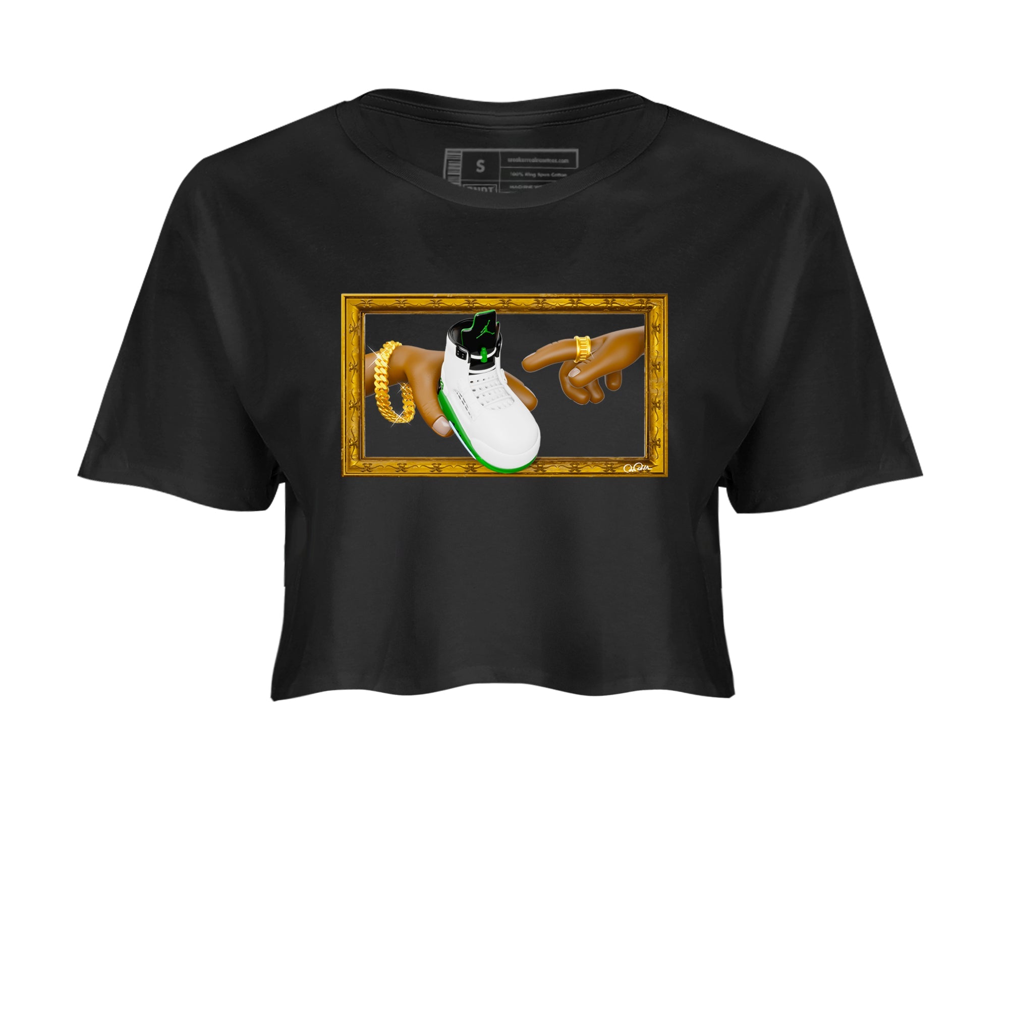 5s Lucky Green shirt to match jordans The Creation of Adam sneaker tees Air Jordan 5 Lucky Green SNRT Sneaker Release Tees Black 2 Crop T-Shirt