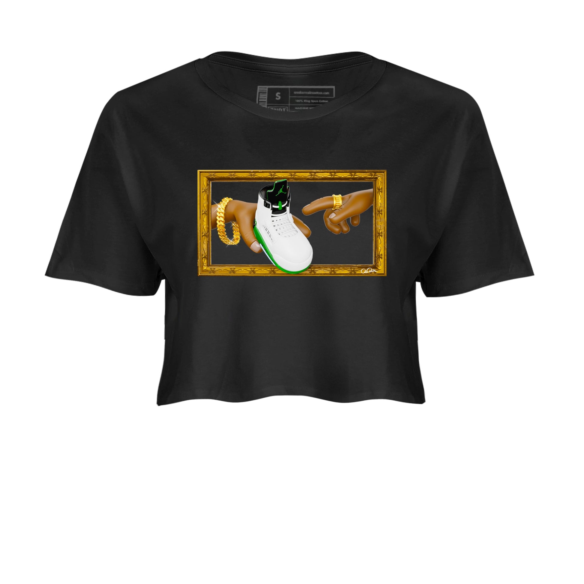 5s Lucky Green shirt to match jordans The Creation of Adam sneaker tees Air Jordan 5 Lucky Green SNRT Sneaker Release Tees Black 2 Crop T-Shirt