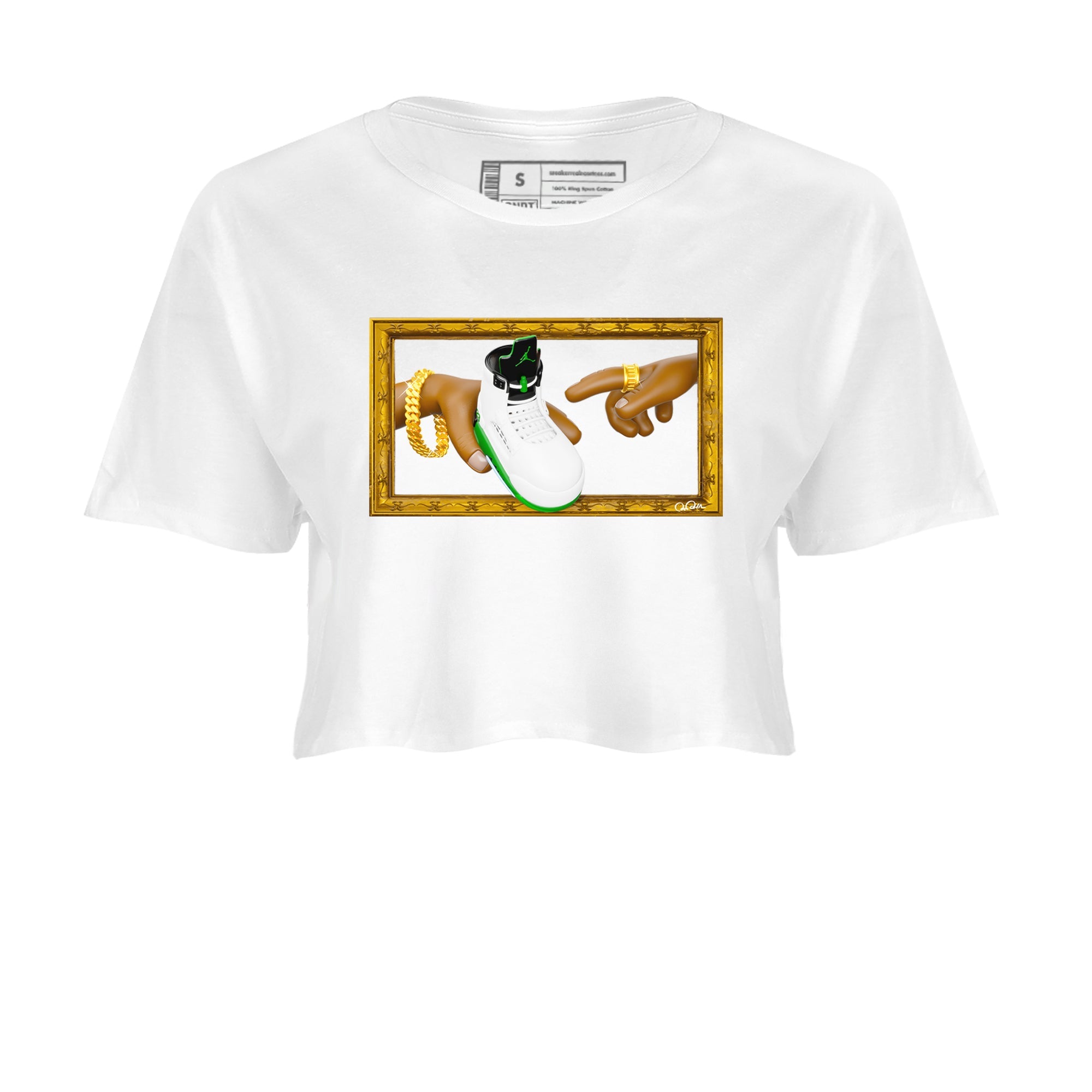 5s Lucky Green shirt to match jordans The Creation of Adam sneaker tees Air Jordan 5 Lucky Green SNRT Sneaker Release Tees White 2 Crop T-Shirt