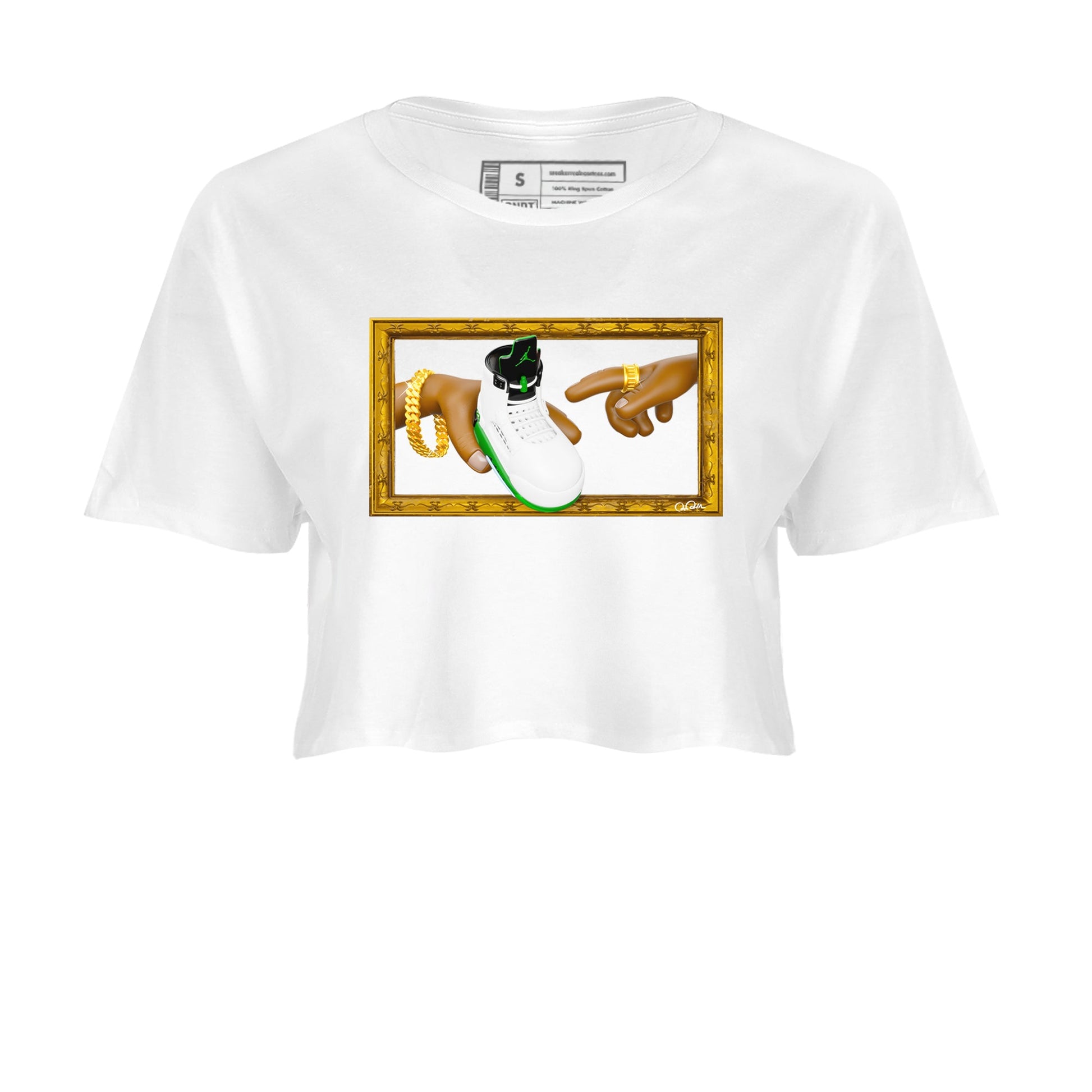 5s Lucky Green shirt to match jordans The Creation of Adam sneaker tees Air Jordan 5 Lucky Green SNRT Sneaker Release Tees White 2 Crop T-Shirt