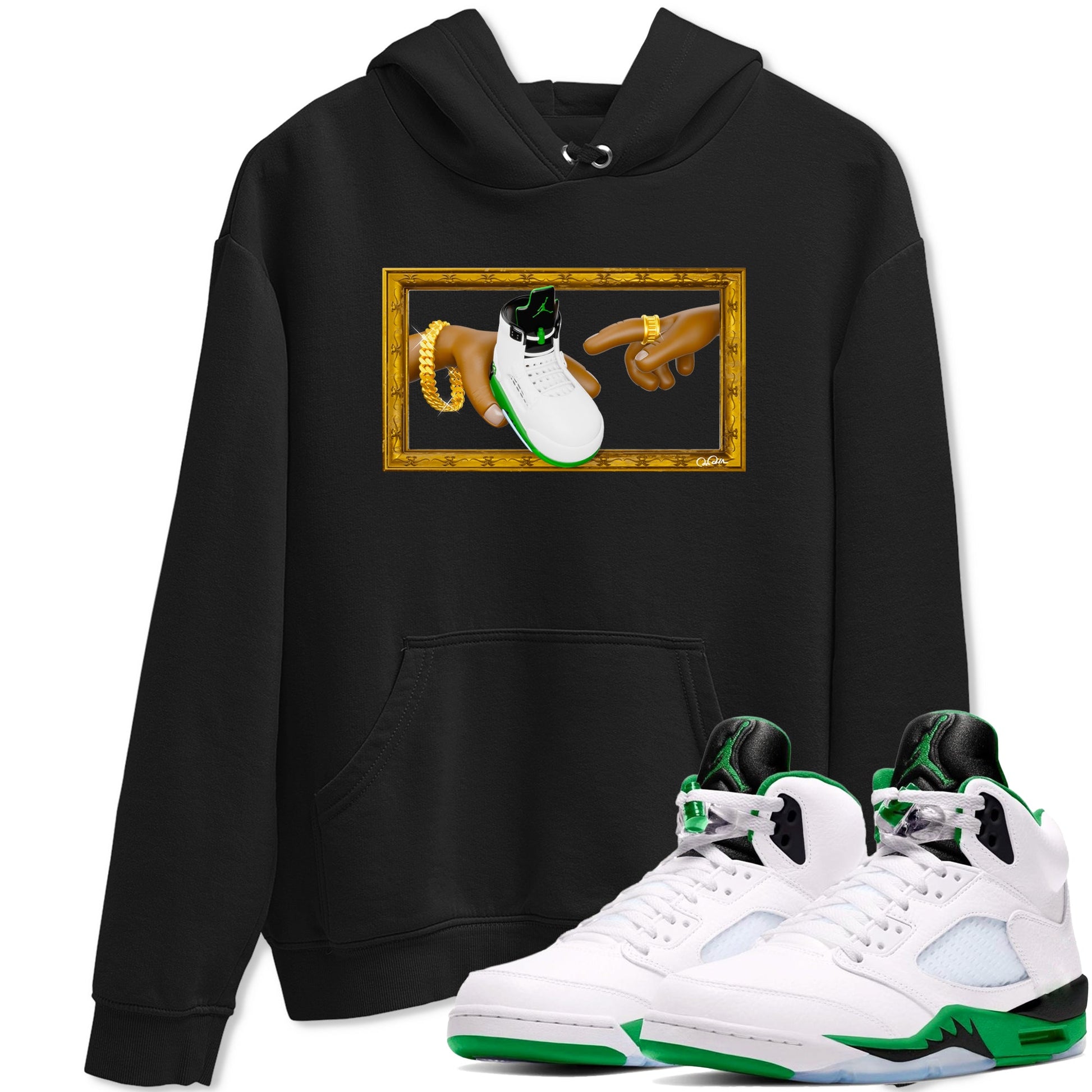 5s Lucky Green shirt to match jordans The Creation of Adam sneaker tees Air Jordan 5 Lucky Green SNRT Sneaker Release Tees Unisex Black 1 T-Shirt