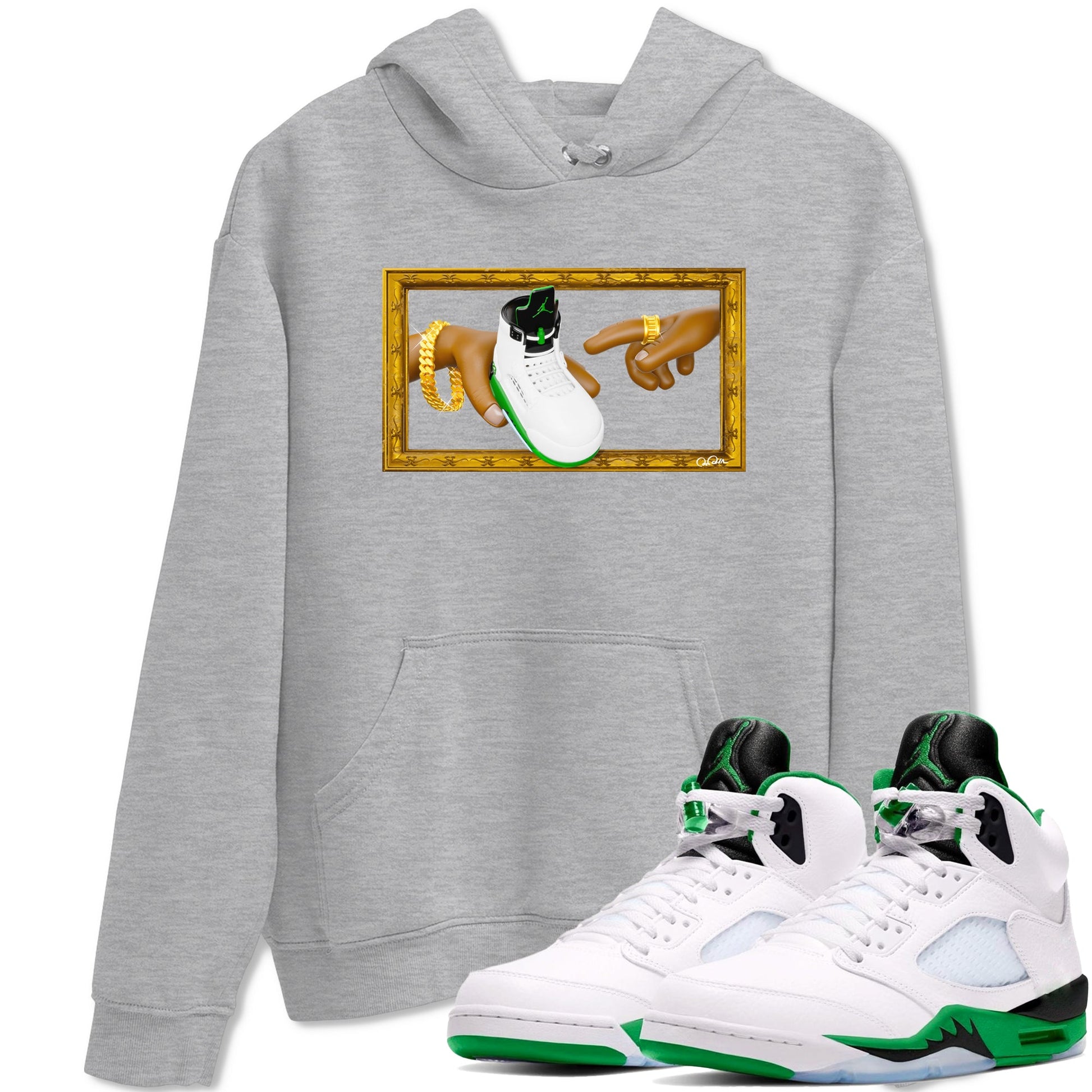 5s Lucky Green shirt to match jordans The Creation of Adam sneaker tees Air Jordan 5 Lucky Green SNRT Sneaker Release Tees Unisex Heather Grey 1 T-Shirt