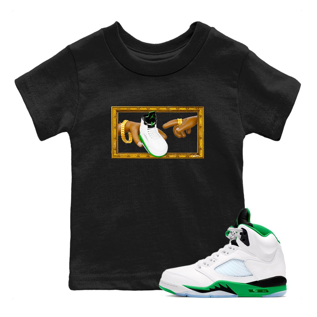 5s Lucky Green shirt to match jordans The Creation of Adam sneaker tees Air Jordan 5 Lucky Green SNRT Sneaker Release Tees Baby Toddler Black 1 T-Shirt