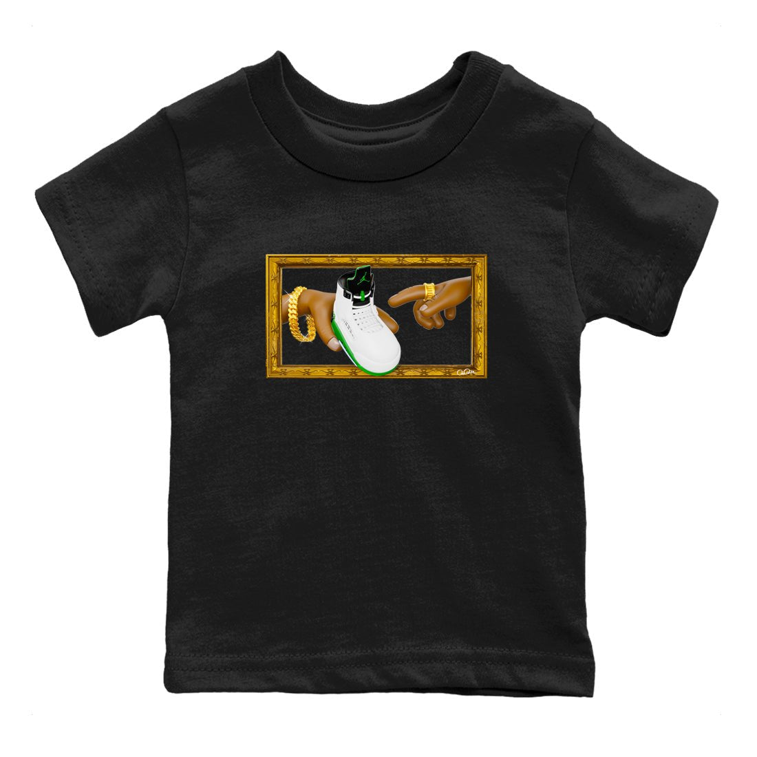 5s Lucky Green shirt to match jordans The Creation of Adam sneaker tees Air Jordan 5 Lucky Green SNRT Sneaker Release Tees Baby Toddler Black 2 T-Shirt