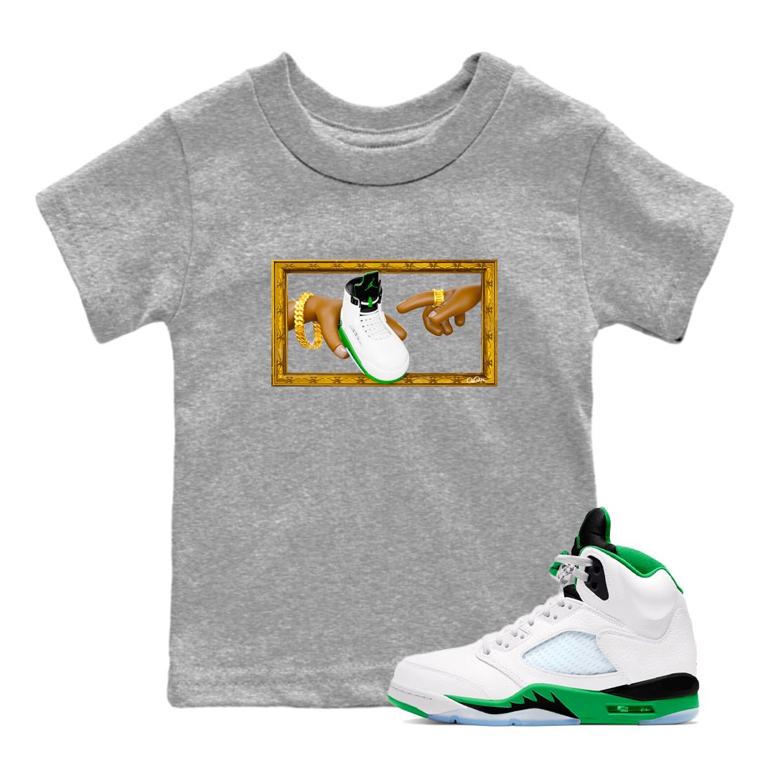 5s Lucky Green shirt to match jordans The Creation of Adam sneaker tees Air Jordan 5 Lucky Green SNRT Sneaker Release Tees Baby Toddler Heather Grey 1 T-Shirt