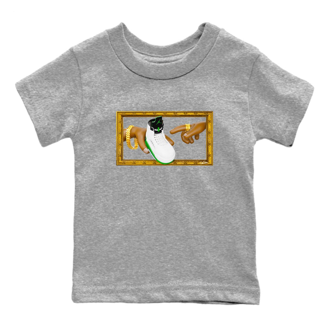 5s Lucky Green shirt to match jordans The Creation of Adam sneaker tees Air Jordan 5 Lucky Green SNRT Sneaker Release Tees Baby Toddler Heather Grey 2 T-Shirt