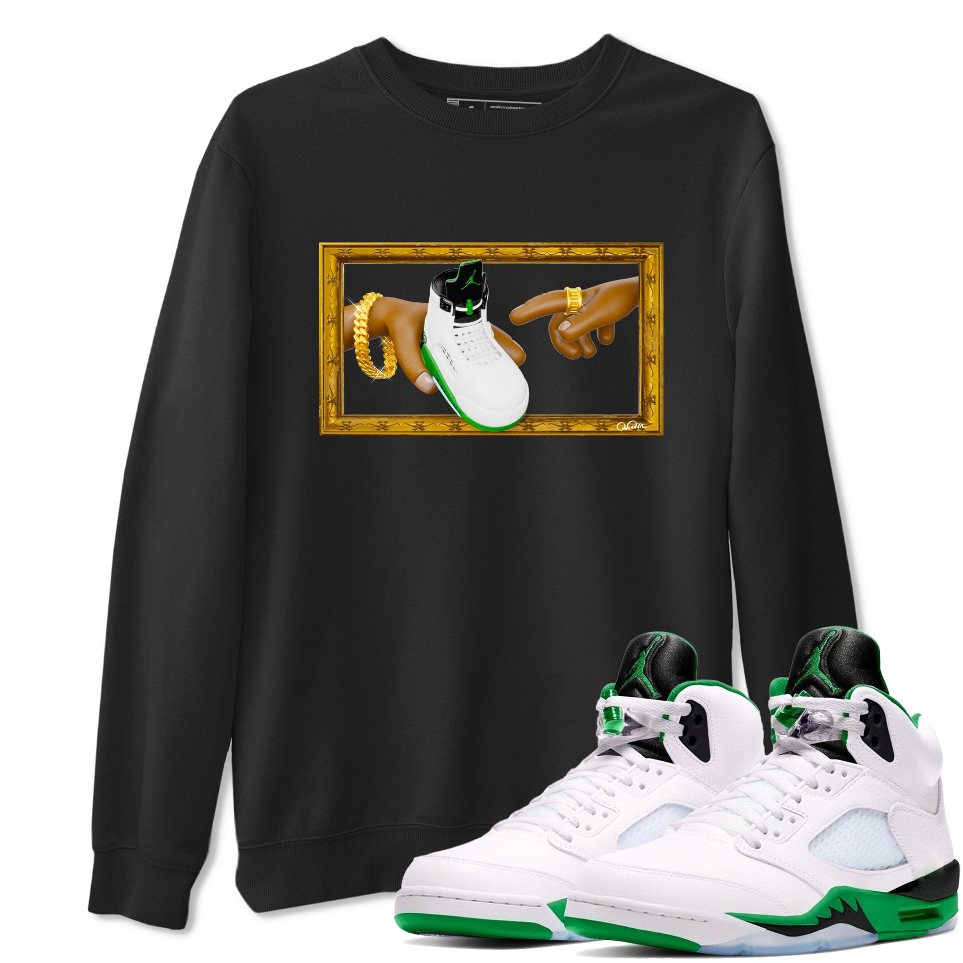 5s Lucky Green shirt to match jordans The Creation of Adam sneaker tees Air Jordan 5 Lucky Green SNRT Sneaker Release Tees Unisex Black 1 T-Shirt