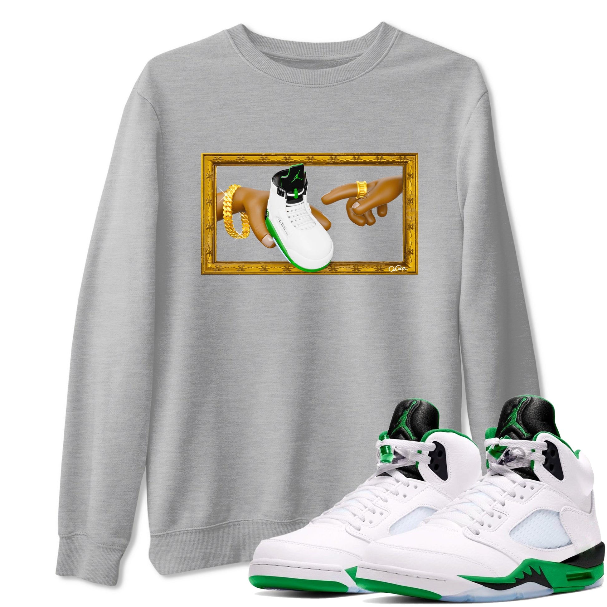 5s Lucky Green shirt to match jordans The Creation of Adam sneaker tees Air Jordan 5 Lucky Green SNRT Sneaker Release Tees Unisex Heather Grey 1 T-Shirt
