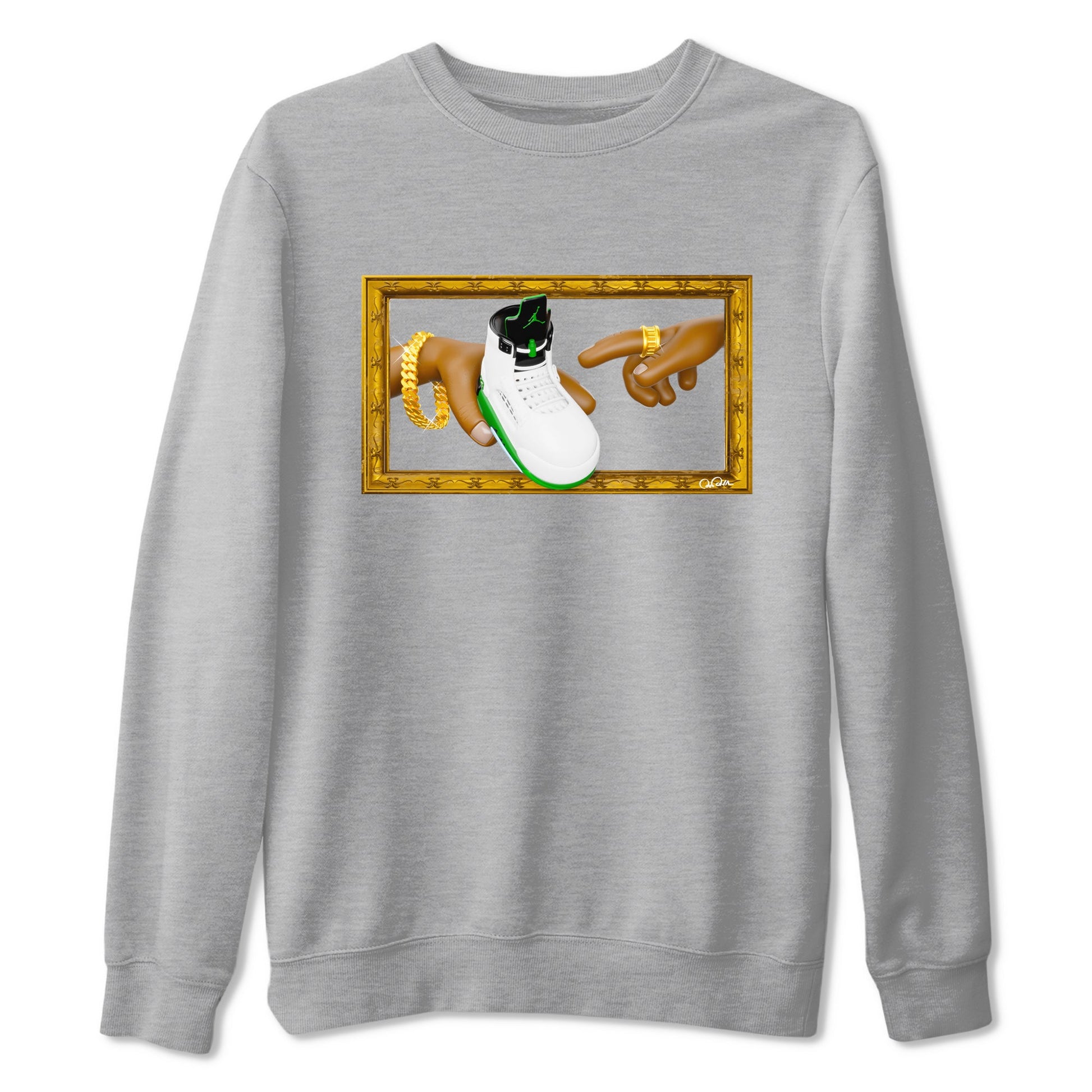 5s Lucky Green shirt to match jordans The Creation of Adam sneaker tees Air Jordan 5 Lucky Green SNRT Sneaker Release Tees Unisex Heather Grey 2 T-Shirt