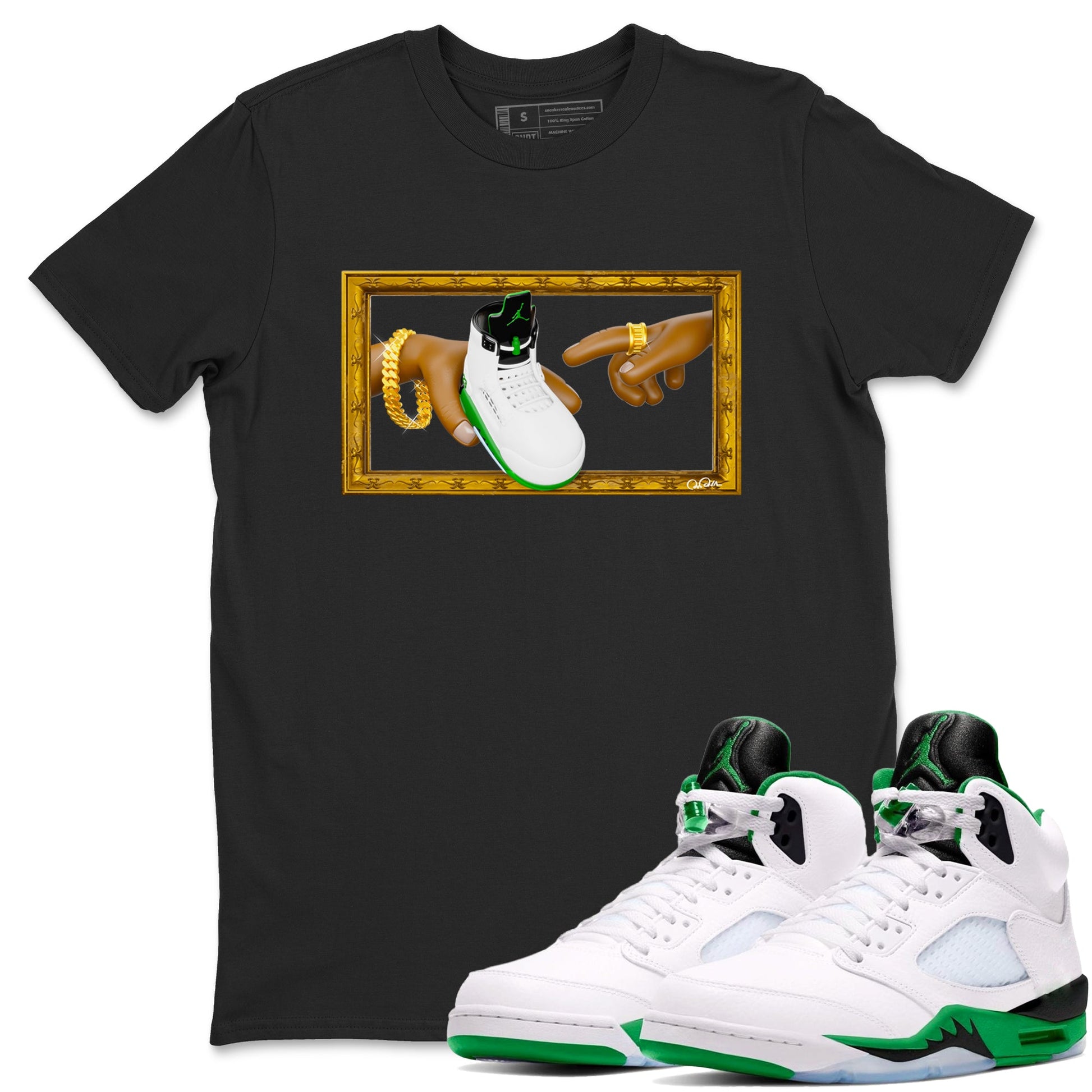 5s Lucky Green shirt to match jordans The Creation of Adam sneaker tees Air Jordan 5 Lucky Green SNRT Sneaker Release Tees Unisex Black 1 T-Shirt