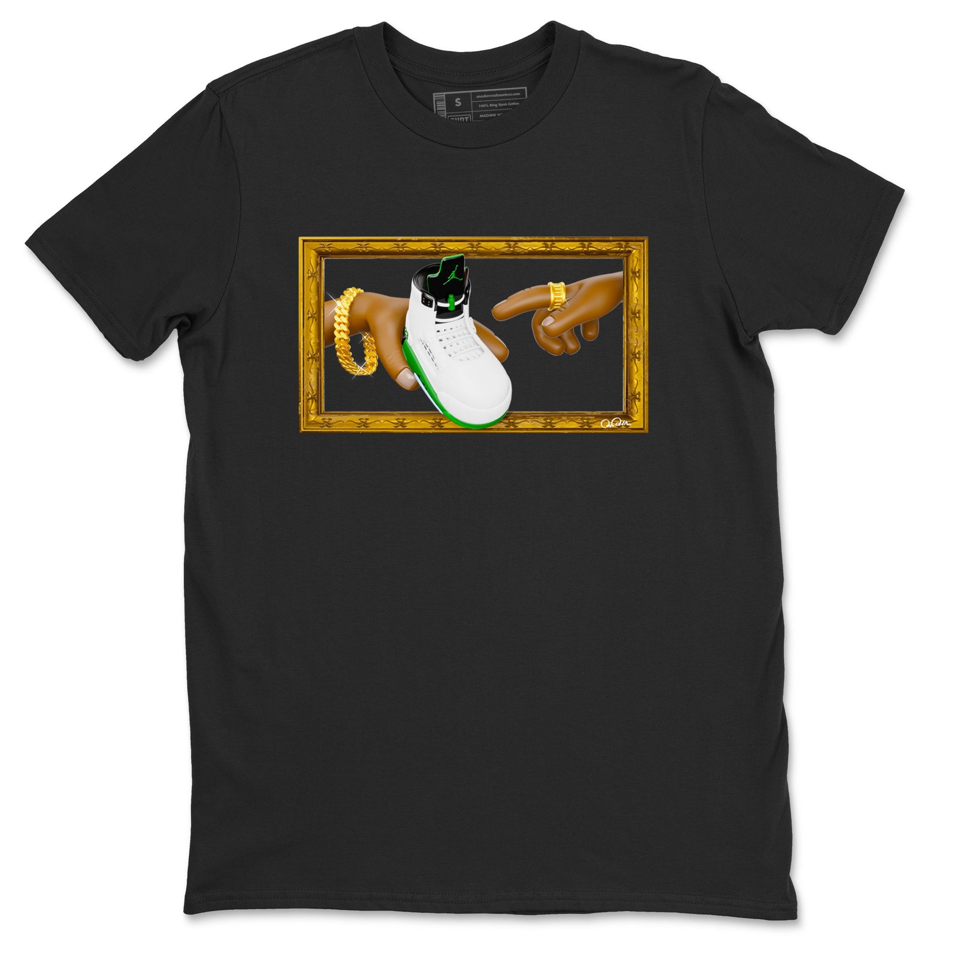 5s Lucky Green shirt to match jordans The Creation of Adam sneaker tees Air Jordan 5 Lucky Green SNRT Sneaker Release Tees Unisex Black 2 T-Shirt