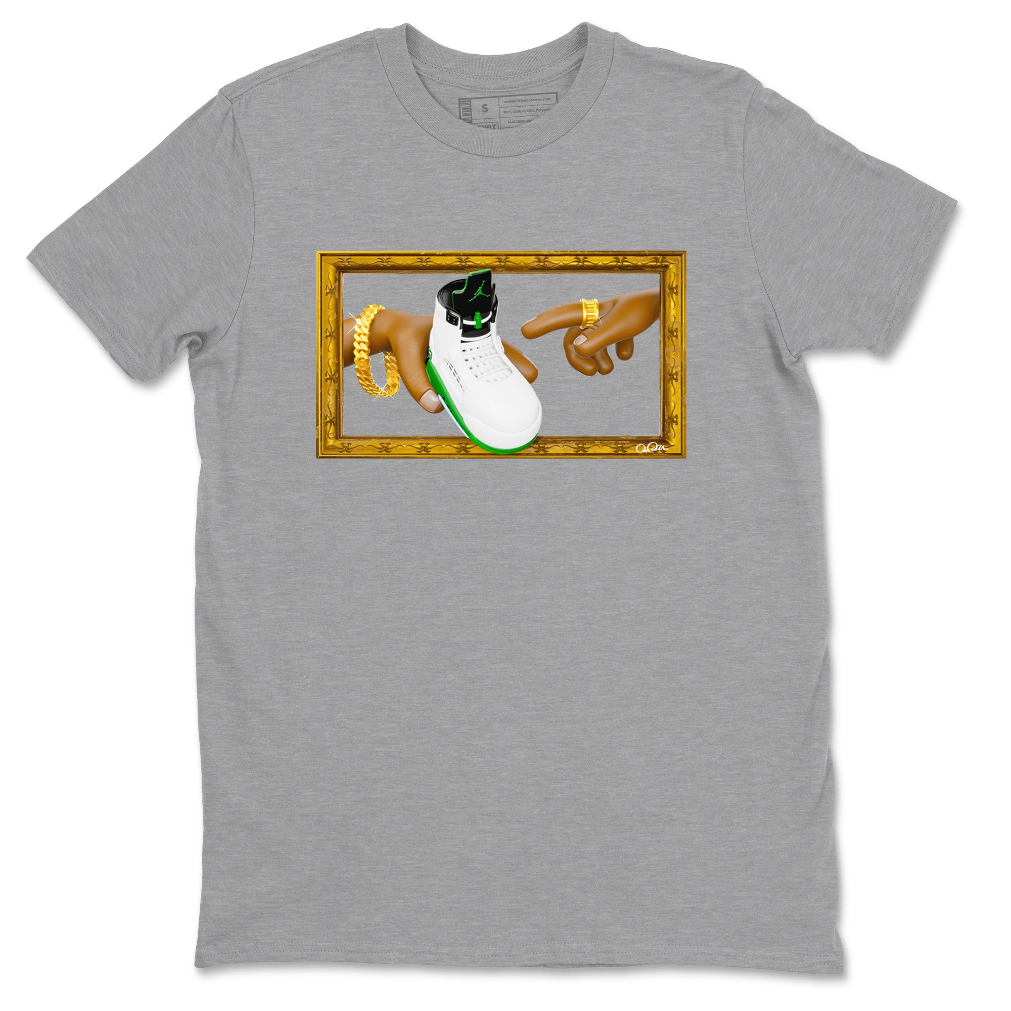 5s Lucky Green shirt to match jordans The Creation of Adam sneaker tees Air Jordan 5 Lucky Green SNRT Sneaker Release Tees Unisex Heather Grey 2 T-Shirt