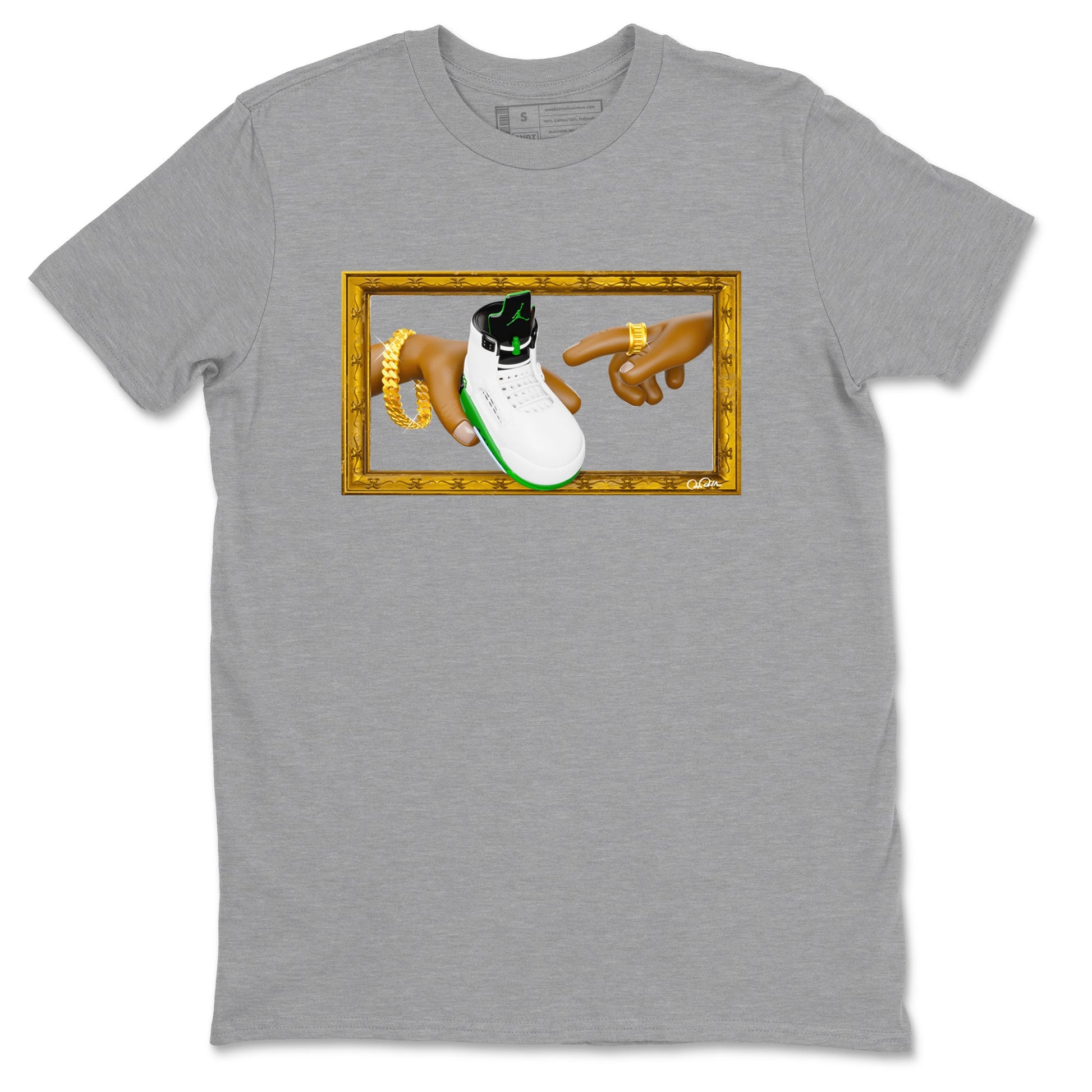 5s Lucky Green shirt to match jordans The Creation of Adam sneaker tees Air Jordan 5 Lucky Green SNRT Sneaker Release Tees Unisex Heather Grey 2 T-Shirt
