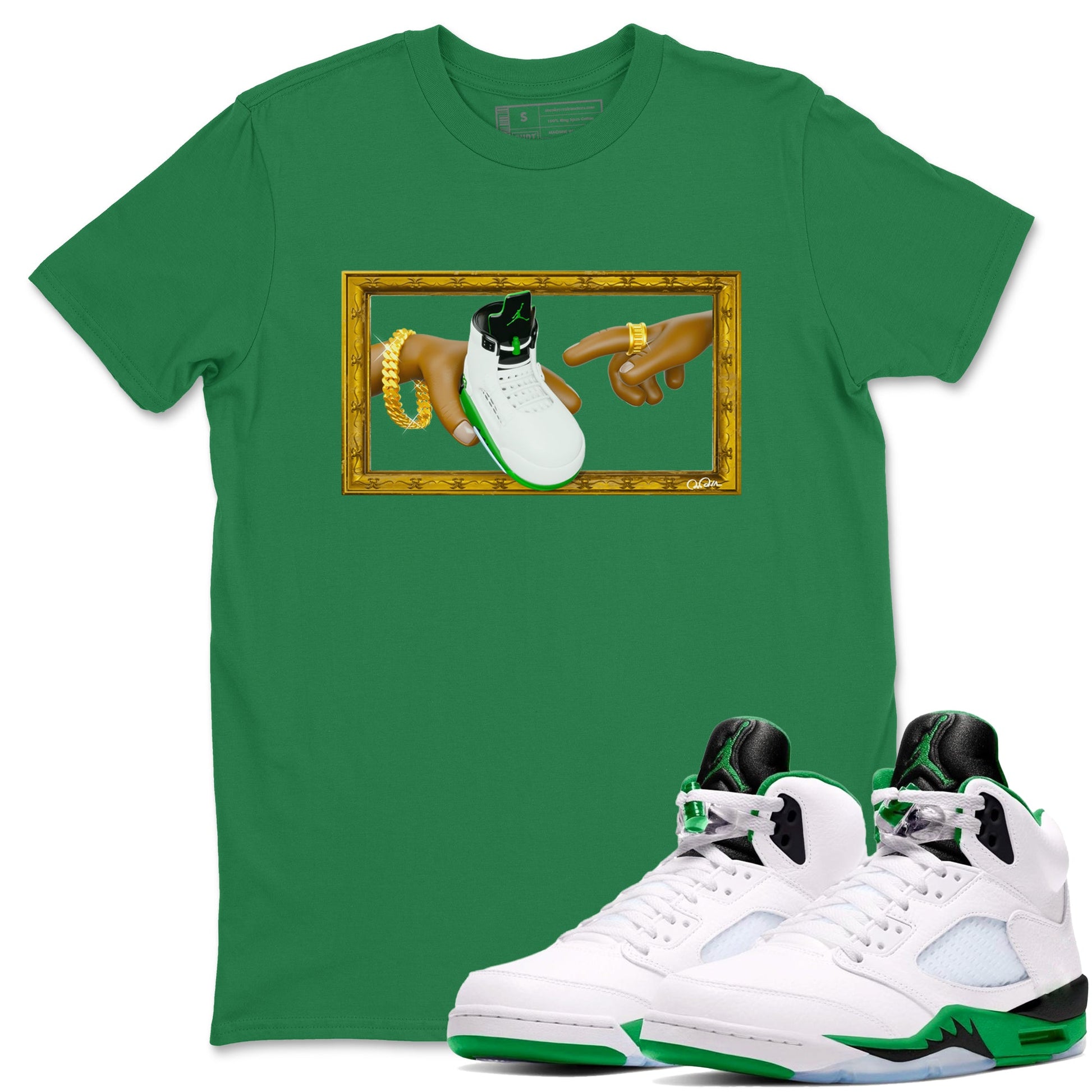 5s Lucky Green shirt to match jordans The Creation of Adam sneaker tees Air Jordan 5 Lucky Green SNRT Sneaker Release Tees Unisex Kelly Green 1 T-Shirt