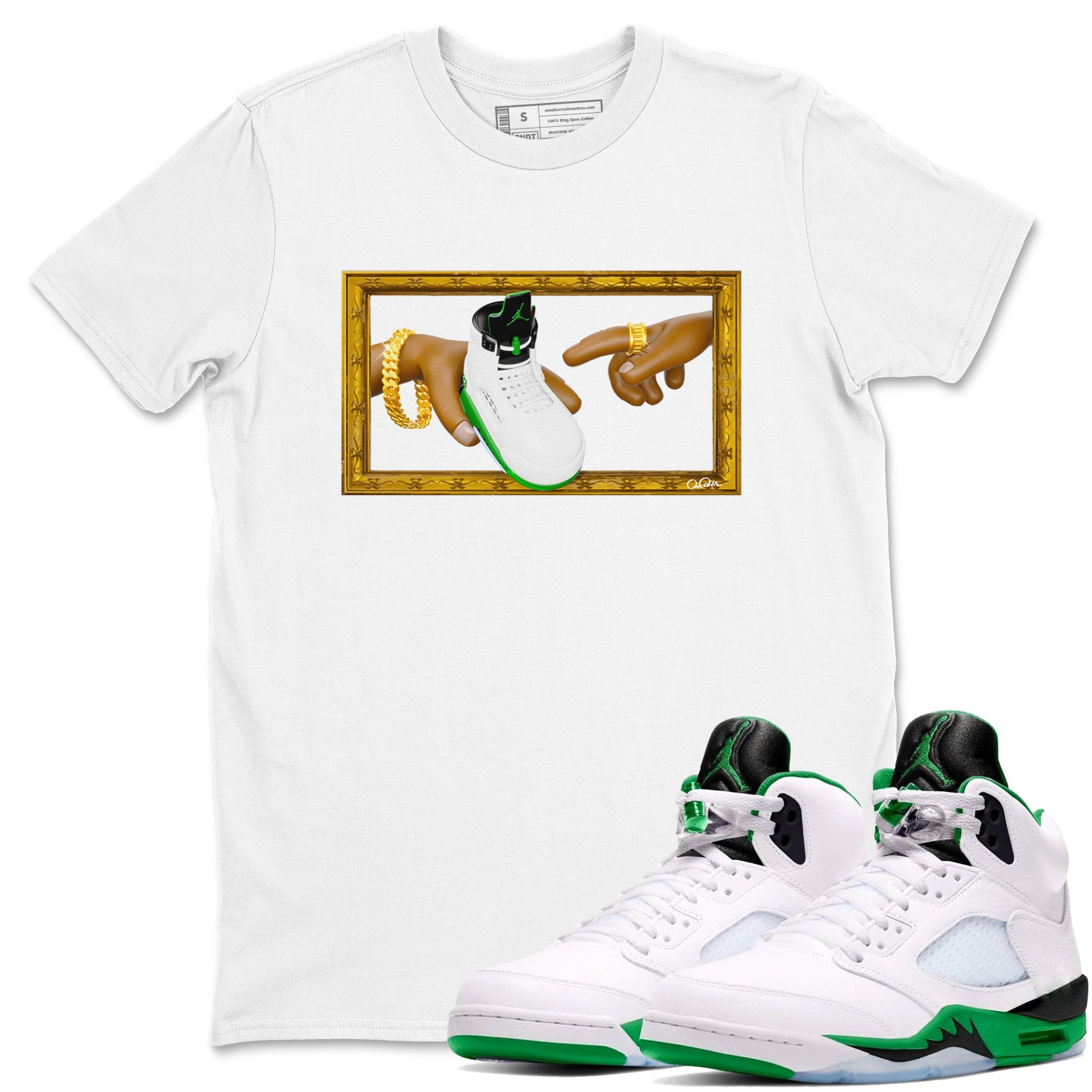 5s Lucky Green shirt to match jordans The Creation of Adam sneaker tees Air Jordan 5 Lucky Green SNRT Sneaker Release Tees Unisex White 1 T-Shirt