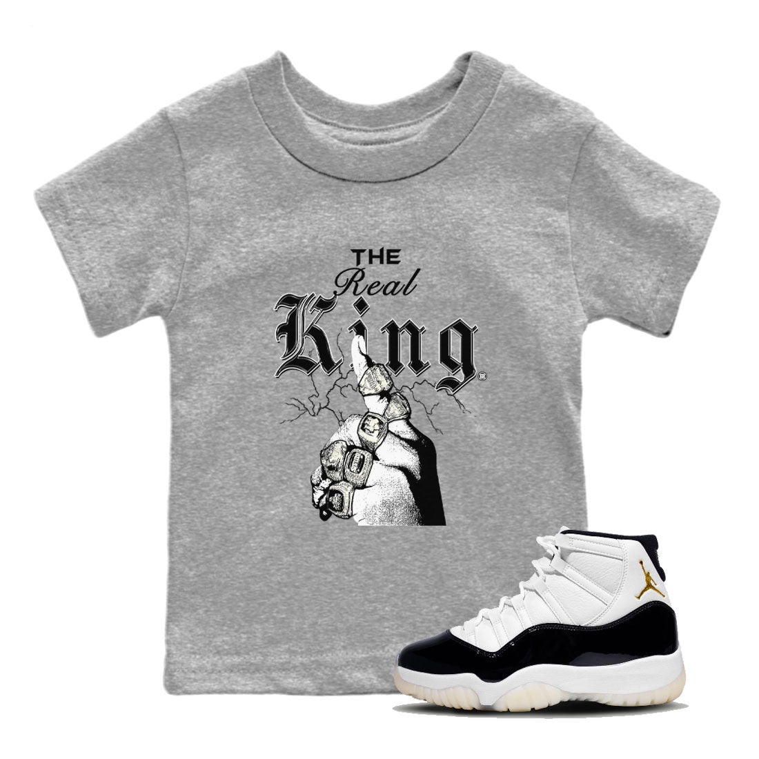 11s Gratitude shirt to match jordans The Real King sneaker tees Air Jordan 11 Gratitude SNRT Sneaker Tees Baby Toddler Heather Grey 1 T-Shirt