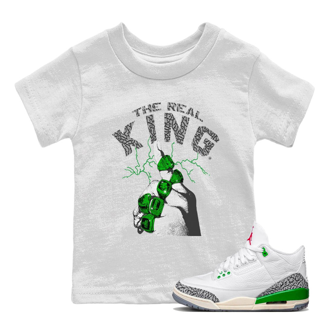 Air Jordan 3 Lucky Green Sneaker Match Tees The Real King Sneaker Tees Jordan 3 Retro Lucky Green Sneaker Release Tees Kids Shirts White 1
