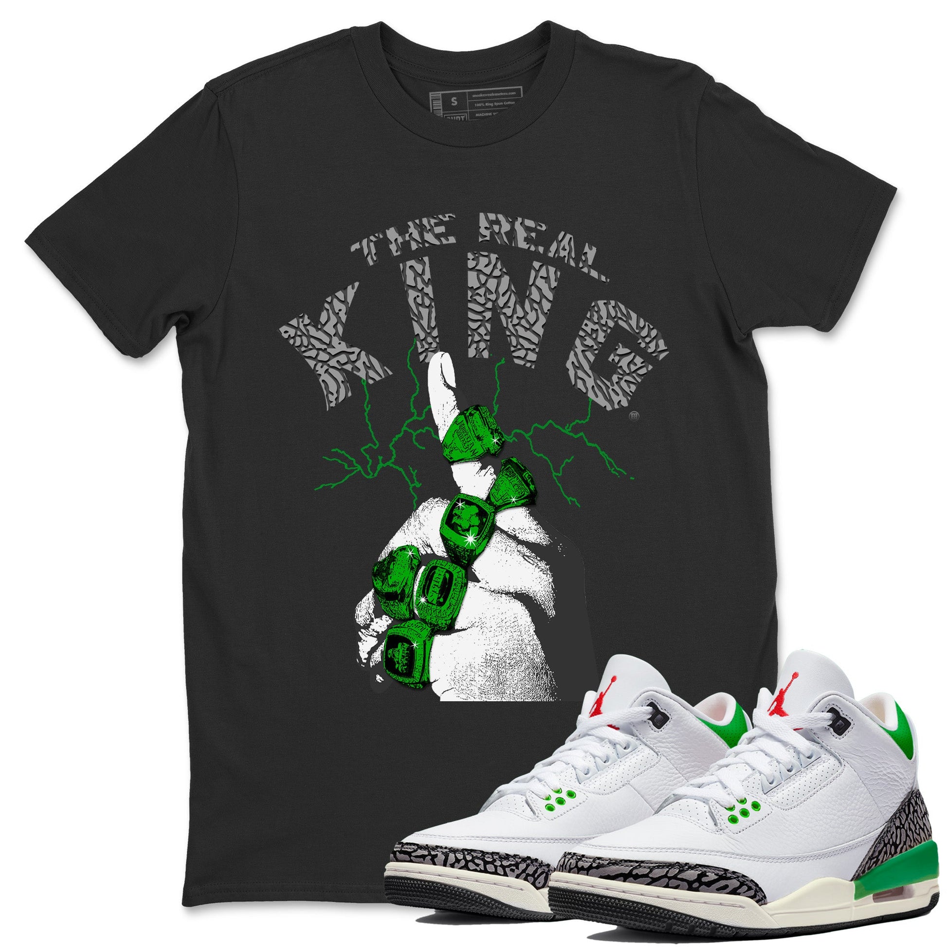 Air Jordan 3 Lucky Green Sneaker Match Tees The Real King Sneaker Tees Jordan 3 Retro Lucky Green Sneaker Release Tees Unisex Shirts Black 1