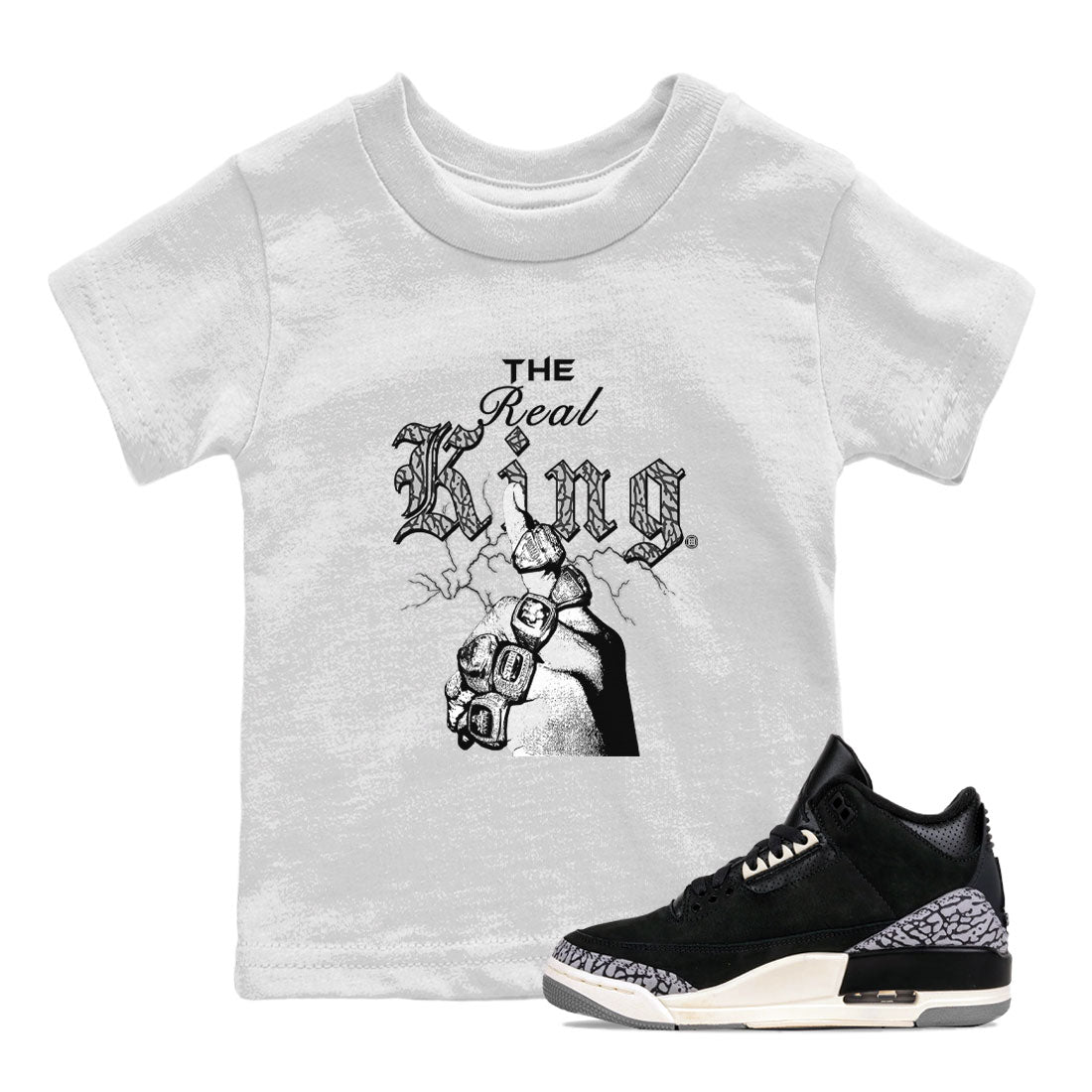 3s Retro Off Noir shirt to match jordans The Real King sneaker tees Air Jordan 3 Off Noir SNRT Sneaker Tees Baby Toddler White 1 T-Shirt