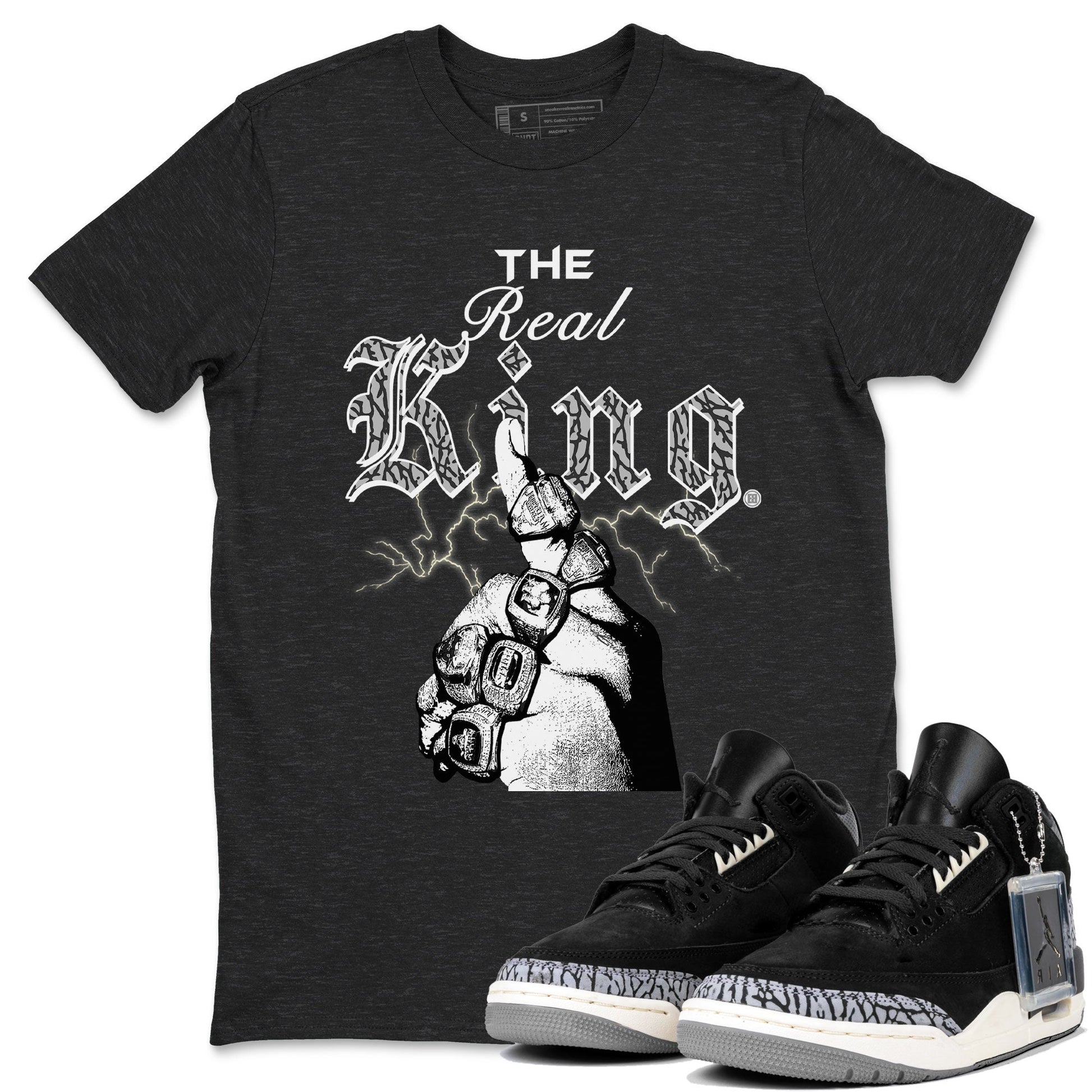 3s Retro Off Noir shirt to match jordans The Real King sneaker tees Air Jordan 3 Off Noir SNRT Sneaker Tees Streetwear Casual Fit Charcoal Heather 1 T-Shirt