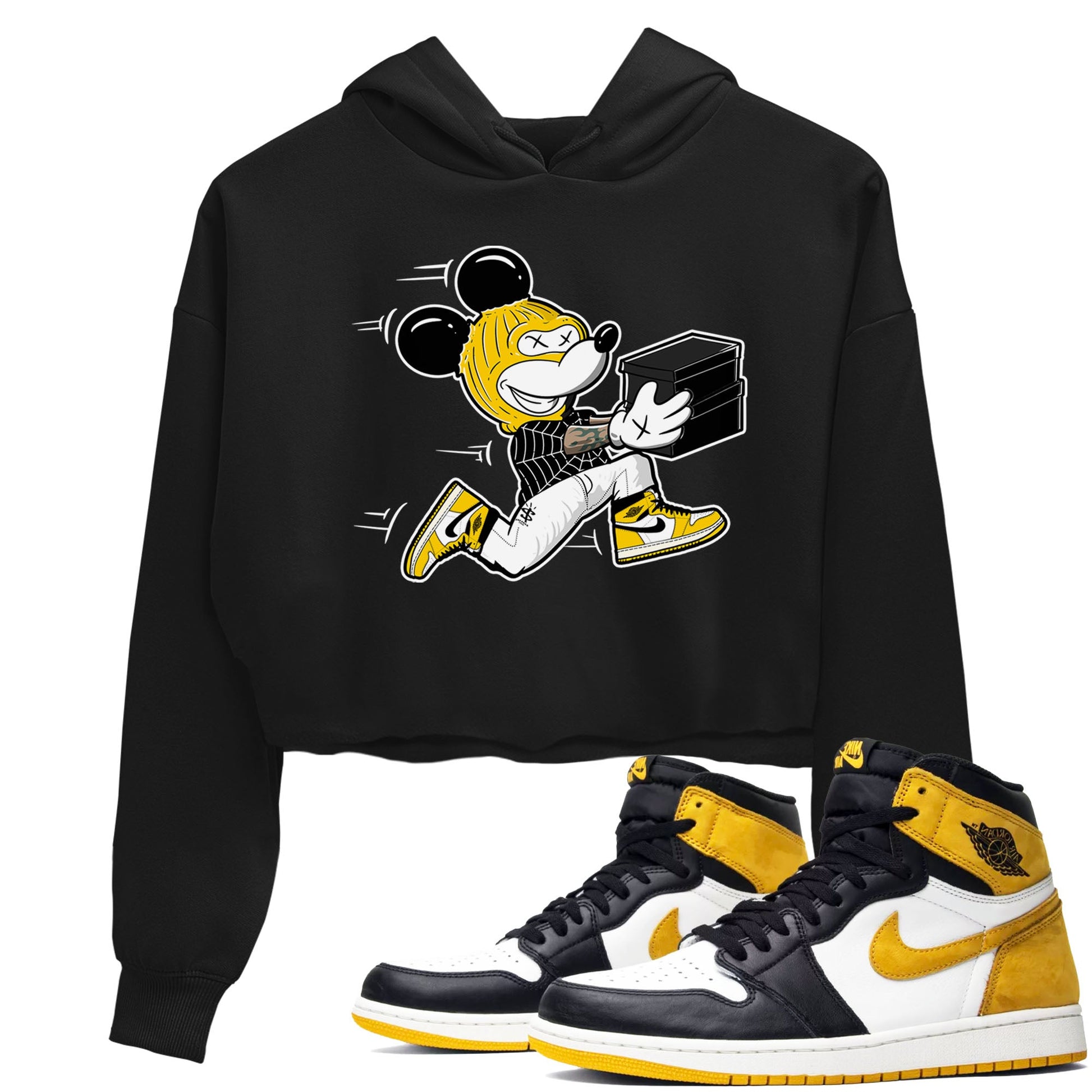 1s Yellow Ochre shirt to match jordans Thief Mouse sneaker tees streetwear brand Air Jordan 1 High OG Yellow Ochre SNRT Sneaker Release Tees Black 1 crop length shirt