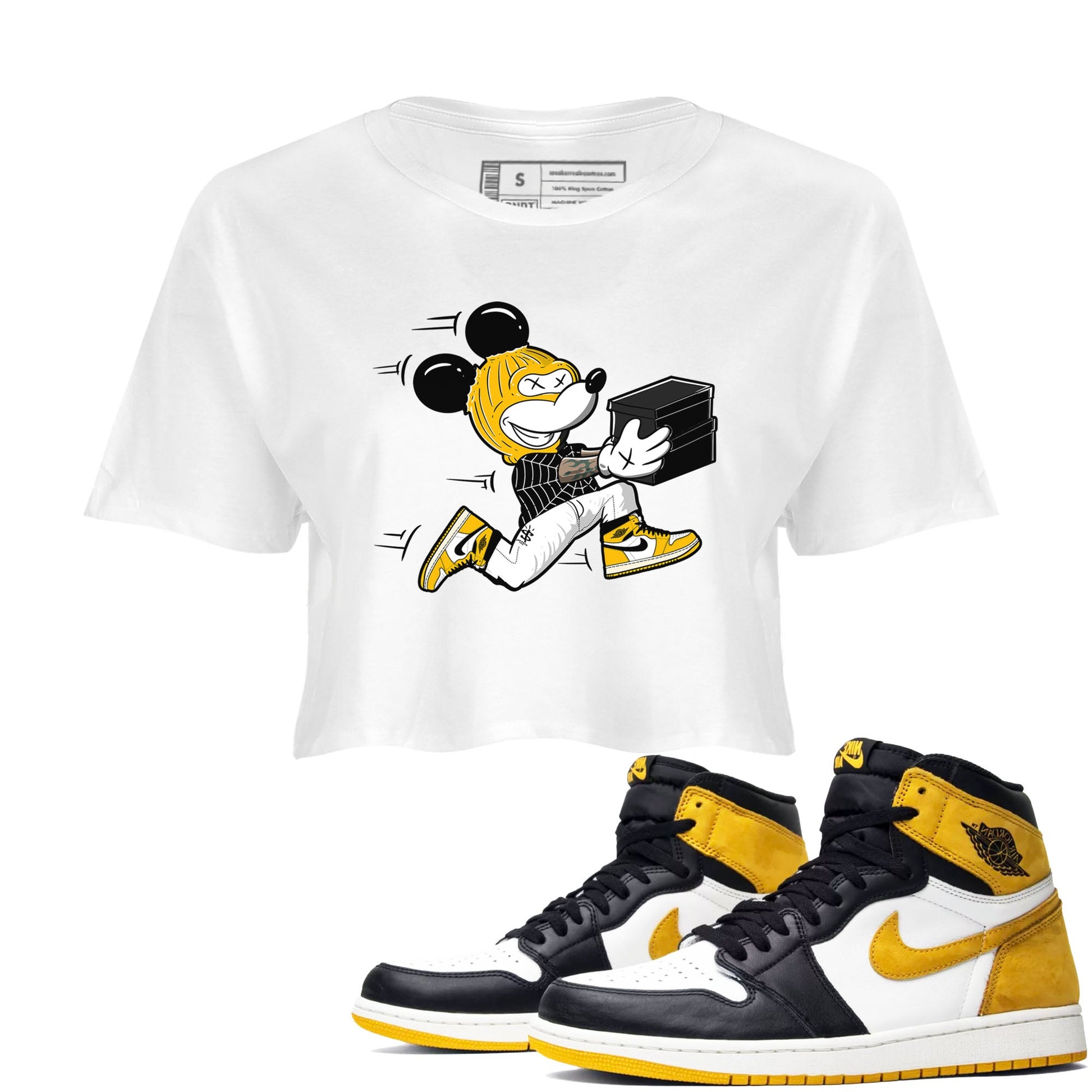 1s Yellow Ochre shirt to match jordans Thief Mouse sneaker tees streetwear brand Air Jordan 1 High OG Yellow Ochre SNRT Sneaker Release Tees White 1 crop length shirt