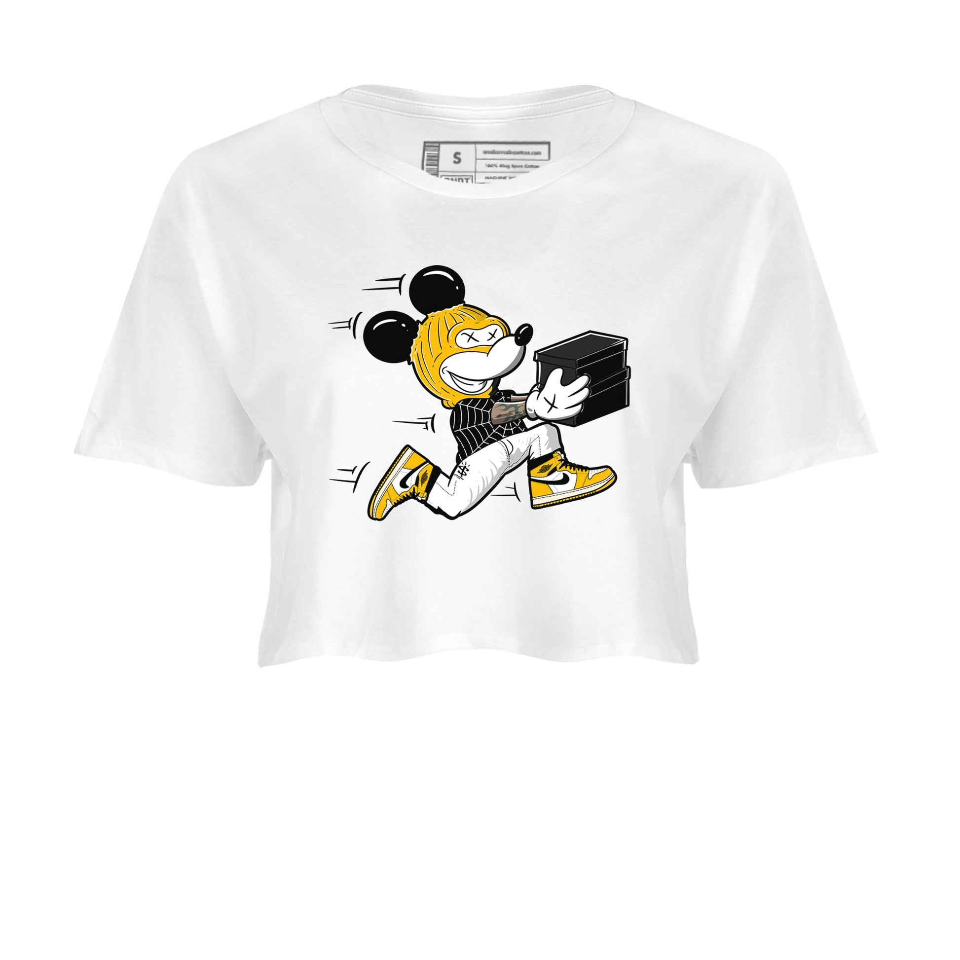 1s Yellow Ochre shirt to match jordans Thief Mouse sneaker tees streetwear brand Air Jordan 1 High OG Yellow Ochre SNRT Sneaker Release Tees White 2 crop length shirt