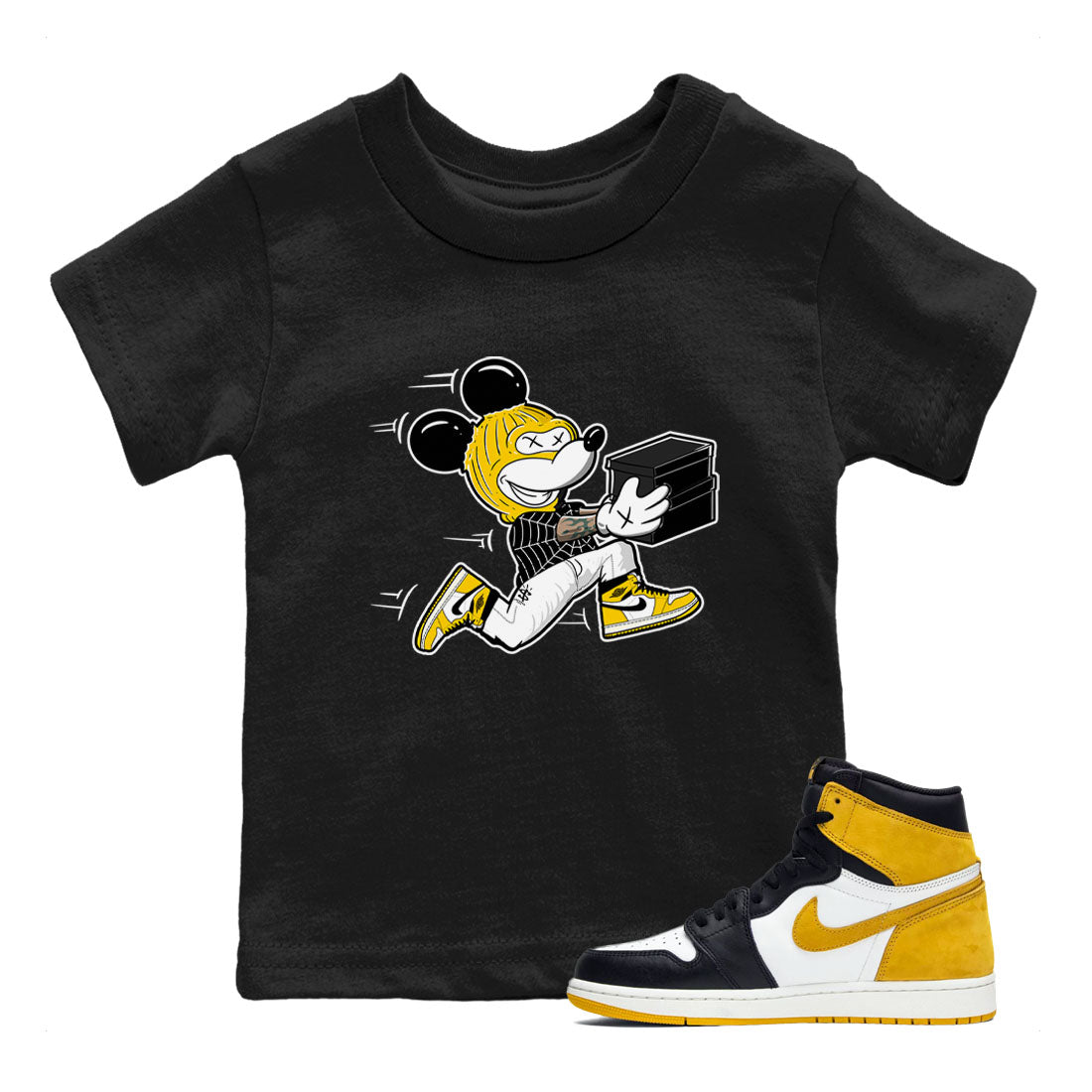 1s Yellow Ochre shirt to match jordans Thief Mouse sneaker tees streetwear brand Air Jordan 1 High OG Yellow Ochre SNRT sneaker release tees baby toddler Black 1 cotton Shirt