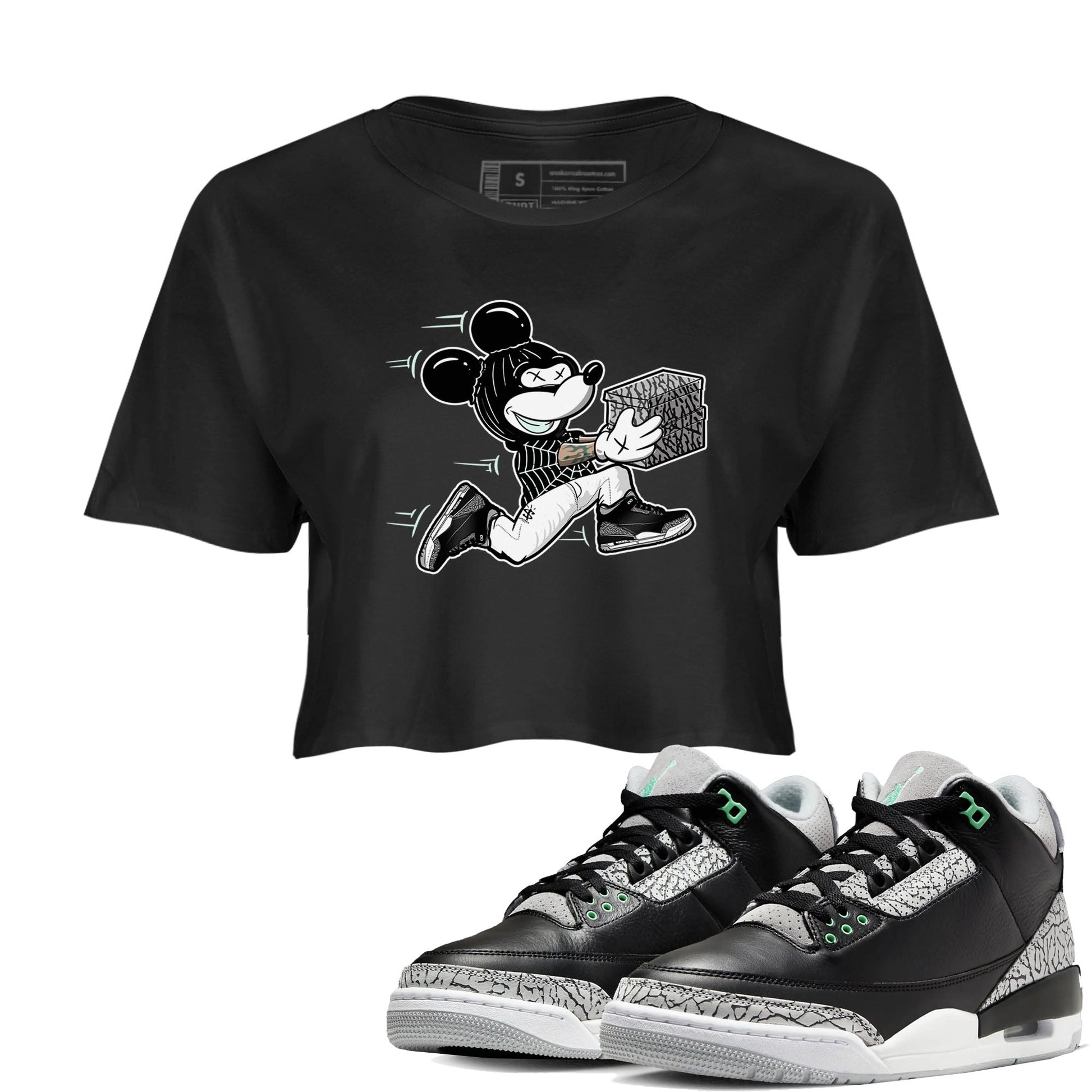 3s Green Glow shirt to match jordans Thief Mouse sneaker tees Air Jordan 3 Green Glow SNRT Sneaker Release Tees Black 1 crop length shirt