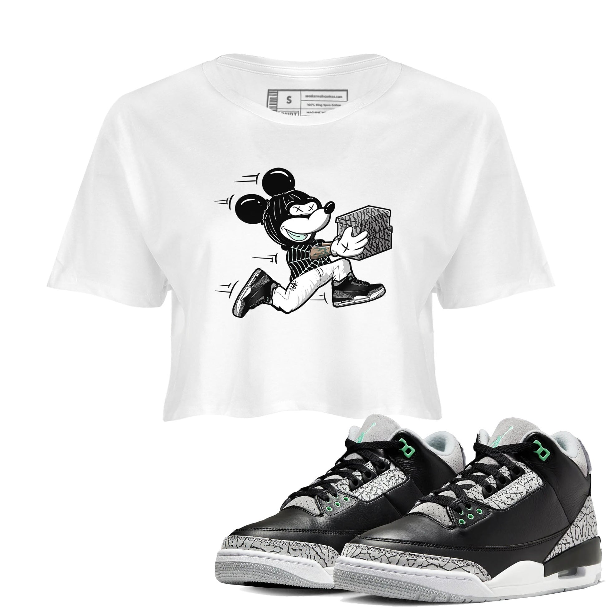 3s Green Glow shirt to match jordans Thief Mouse sneaker tees Air Jordan 3 Green Glow SNRT Sneaker Release Tees White 1 crop length shirt