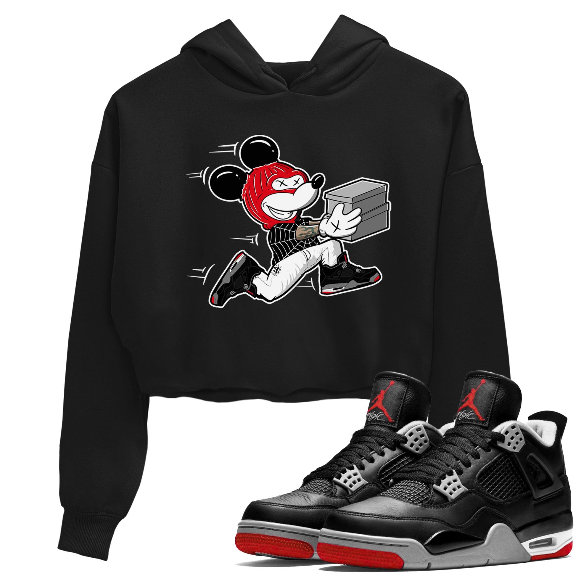 AJ4 Bred Reimagined shirt to match jordans Thief Mouse sneaker tees streetwear brand Air Jordan 4 Bred Reimagined SNRT Sneaker Release Tees Black 1 crop length shirt