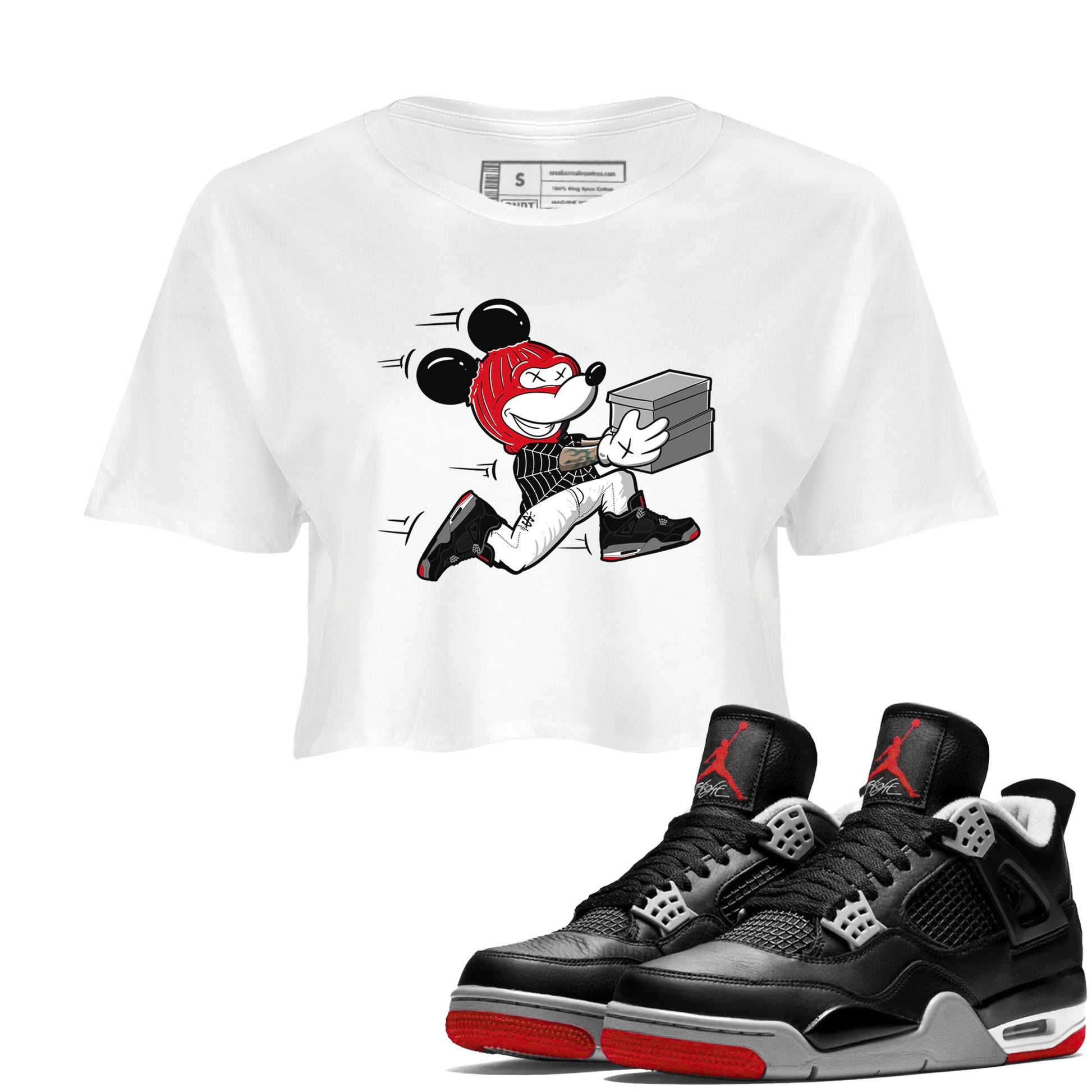 AJ4 Bred Reimagined shirt to match jordans Thief Mouse sneaker tees streetwear brand Air Jordan 4 Bred Reimagined SNRT Sneaker Release Tees White 1 crop length shirt
