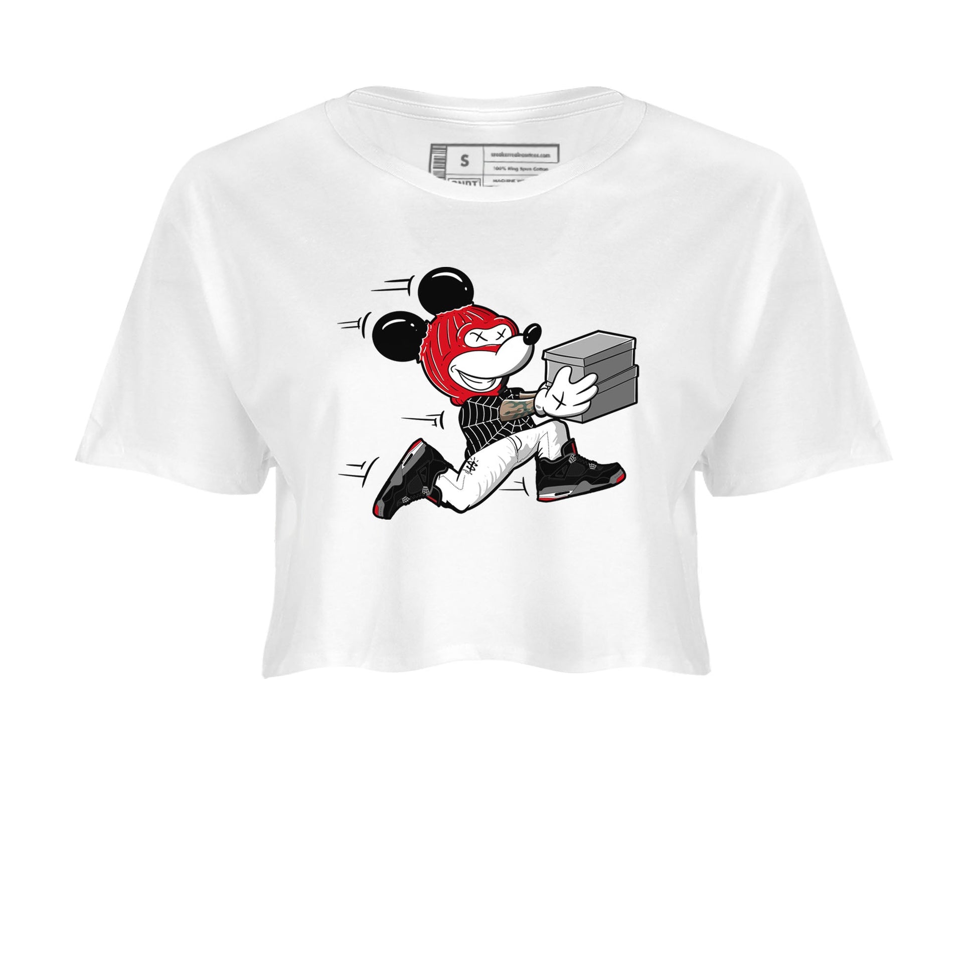 AJ4 Bred Reimagined shirt to match jordans Thief Mouse sneaker tees streetwear brand Air Jordan 4 Bred Reimagined SNRT Sneaker Release Tees White 2 crop length shirt