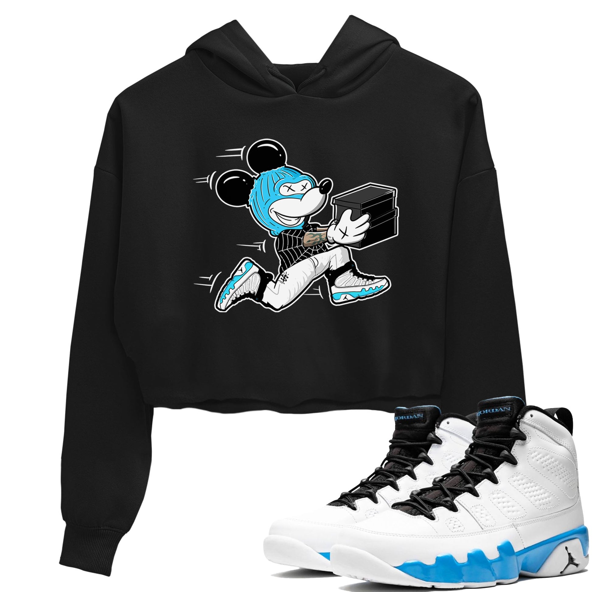 9s Powder Blue shirt to match jordans Thief Mouse sneaker tees Air Jordan 9 Powder Blue SNRT Sneaker Release Tees Black 1 crop length shirt