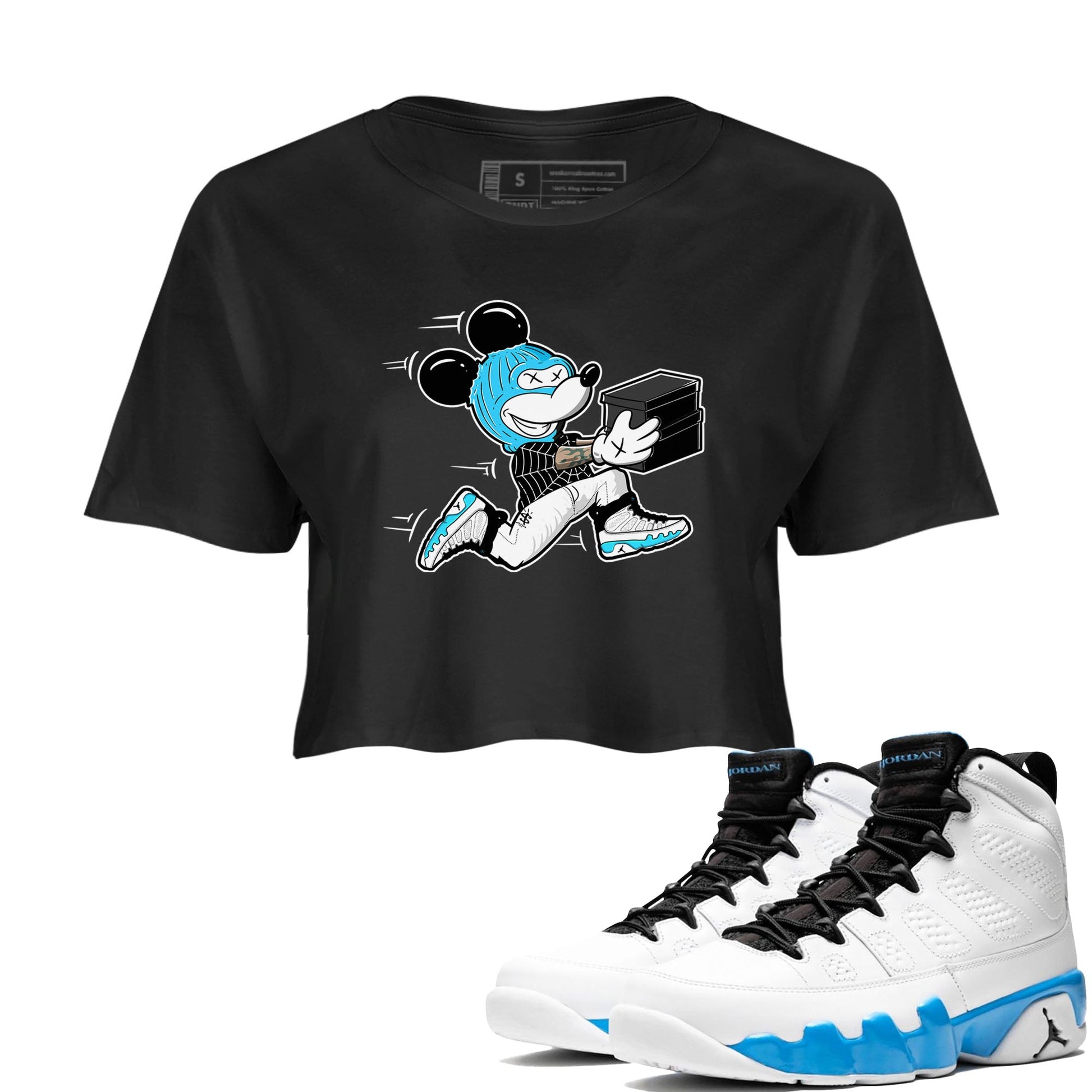9s Powder Blue shirt to match jordans Thief Mouse sneaker tees Air Jordan 9 Powder Blue SNRT Sneaker Release Tees Black 1 crop length shirt