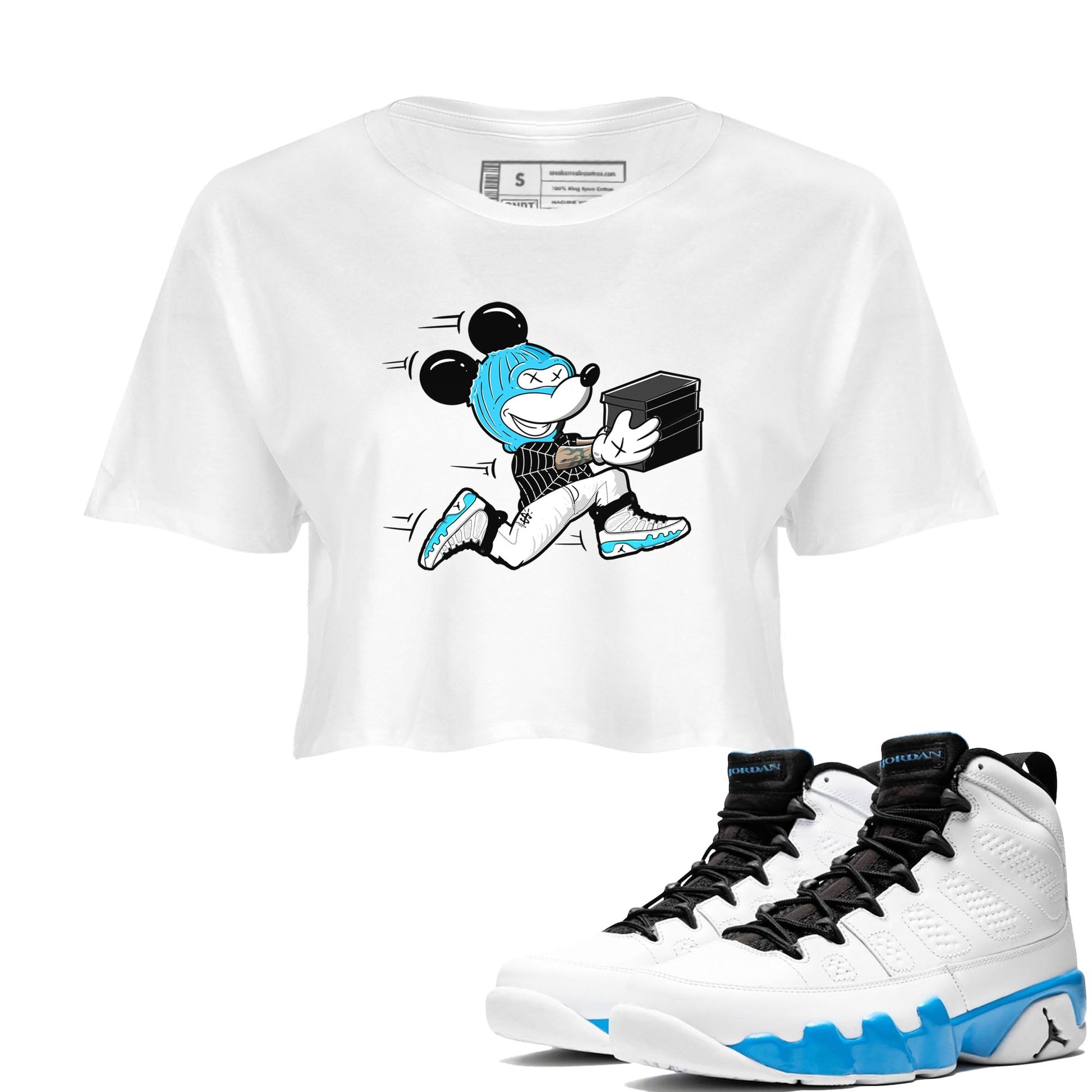 9s Powder Blue shirt to match jordans Thief Mouse sneaker tees Air Jordan 9 Powder Blue SNRT Sneaker Release Tees White 1 crop length shirt