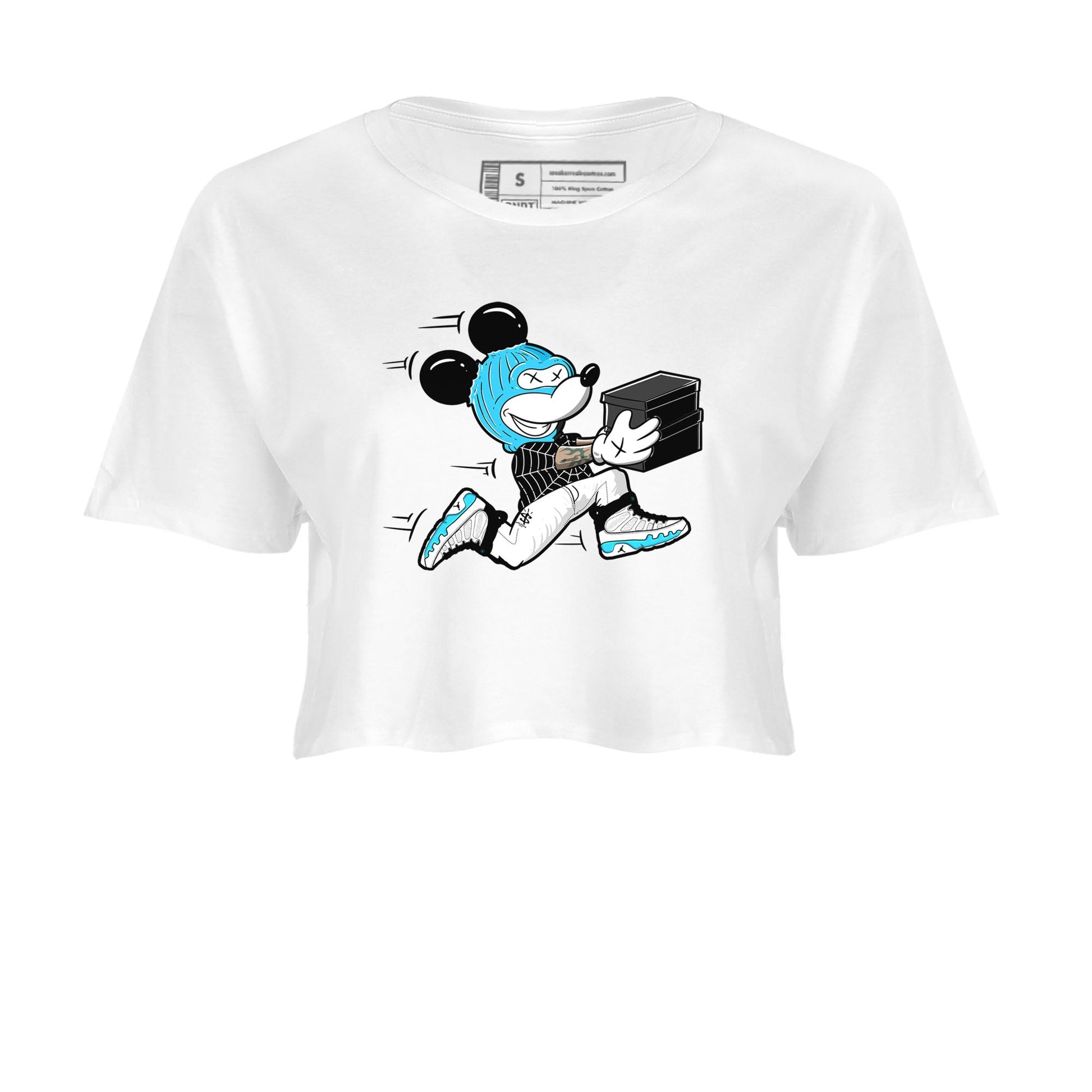 9s Powder Blue shirt to match jordans Thief Mouse sneaker tees Air Jordan 9 Powder Blue SNRT Sneaker Release Tees White 2 crop length shirt