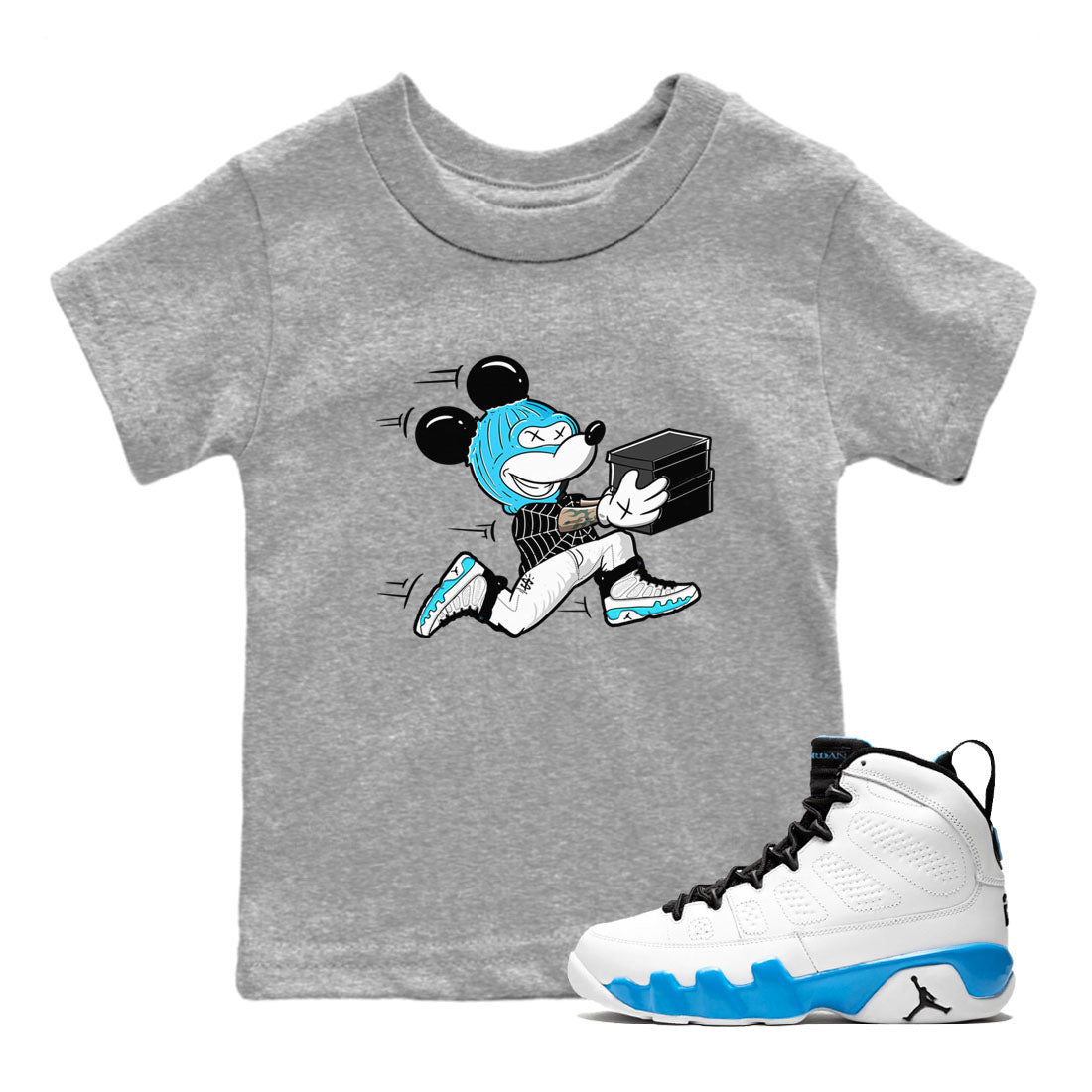 9s Powder Blue shirt to match jordans Thief Mouse sneaker tees Air Jordan 9 Powder Blue SNRT sneaker release tees baby toddler Heather Grey 1 cotton Shirt