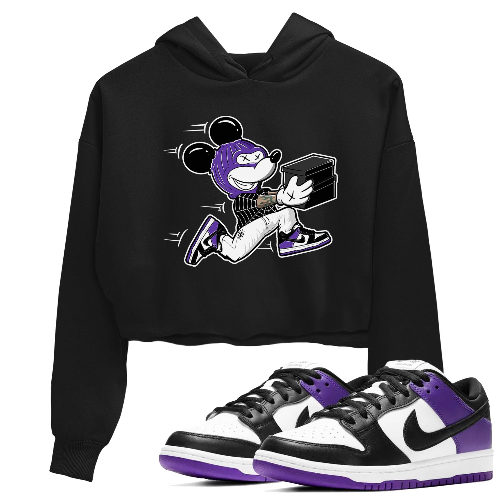 Nike SB Dunk Low Court Purple Shirt To Match Jordans Thief Mouse Streetwear Fashion Dunk Low Court Purple SNRT Sneaker Release Tees Black 1 Women's Crop Tee