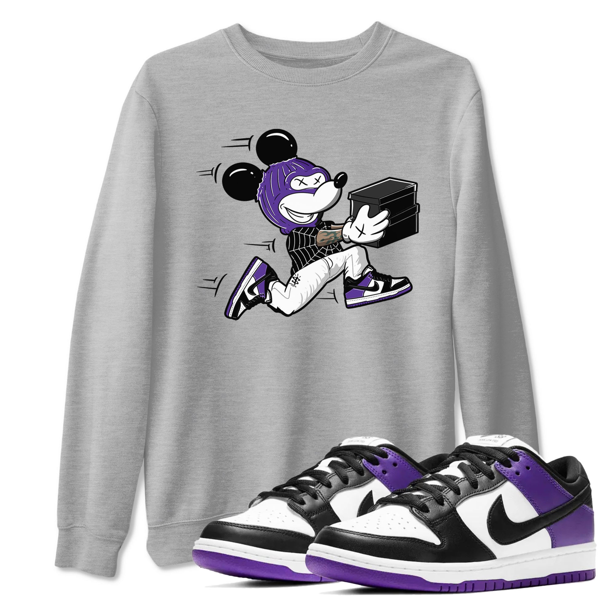 Nike SB Dunk Low Court Purple Shirt To Match Jordans Thief Mouse Streetwear Fashion Dunk Low Court Purple SNRT Sneaker Release Tees unisex cotton Heather Grey 1 crew neck shirt