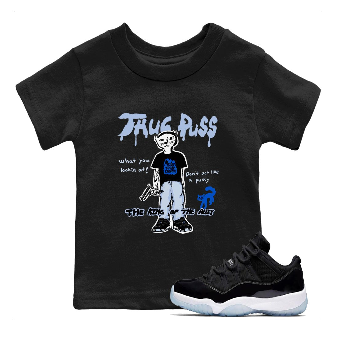 11s Low Space shirt to match jordans Thug Puss sneaker tees Air Jordan 11 Black/Varsity Royal SNRT sneaker release tees baby toddler Black 1 cotton Shirt