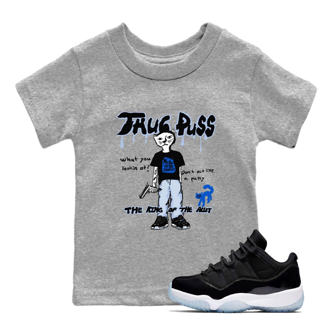 11s Low Space shirt to match jordans Thug Puss sneaker tees Air Jordan 11 Black/Varsity Royal SNRT sneaker release tees baby toddler Heather Grey 1 cotton Shirt