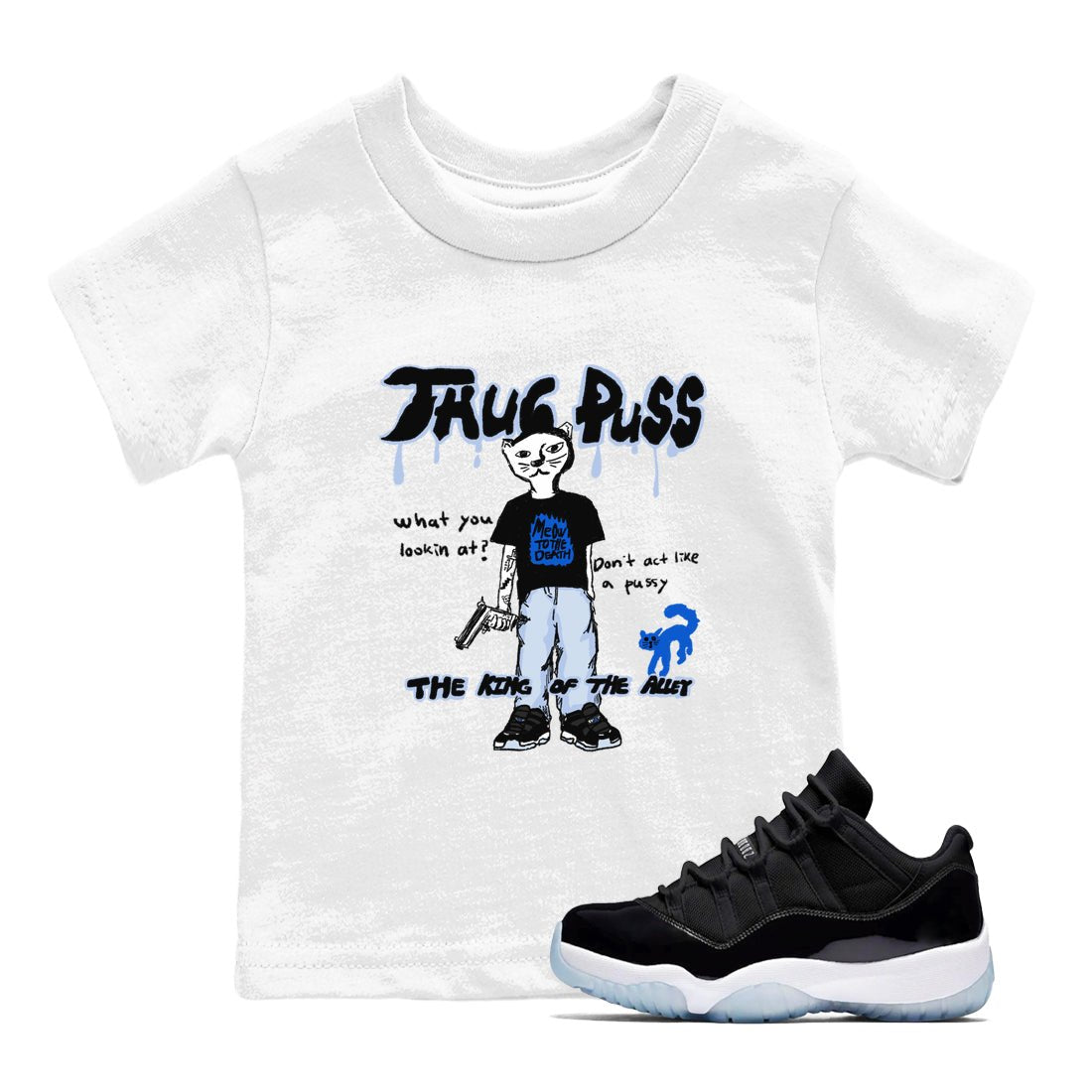 11s Low Space shirt to match jordans Thug Puss sneaker tees Air Jordan 11 Black/Varsity Royal SNRT sneaker release tees baby toddler White 1 cotton Shirt