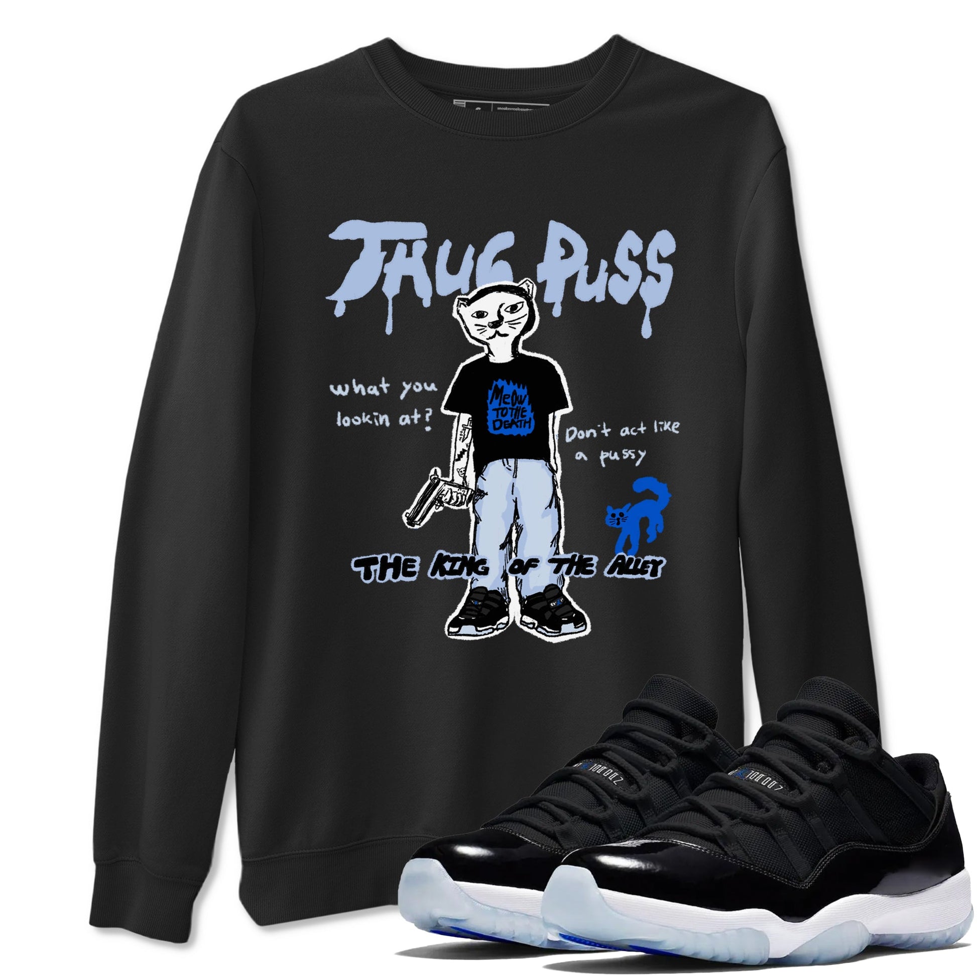 11s Low Space shirt to match jordans Thug Puss sneaker tees Air Jordan 11 Black/Varsity Royal SNRT Sneaker Release Tees unisex cotton Black 1 crew neck shirt