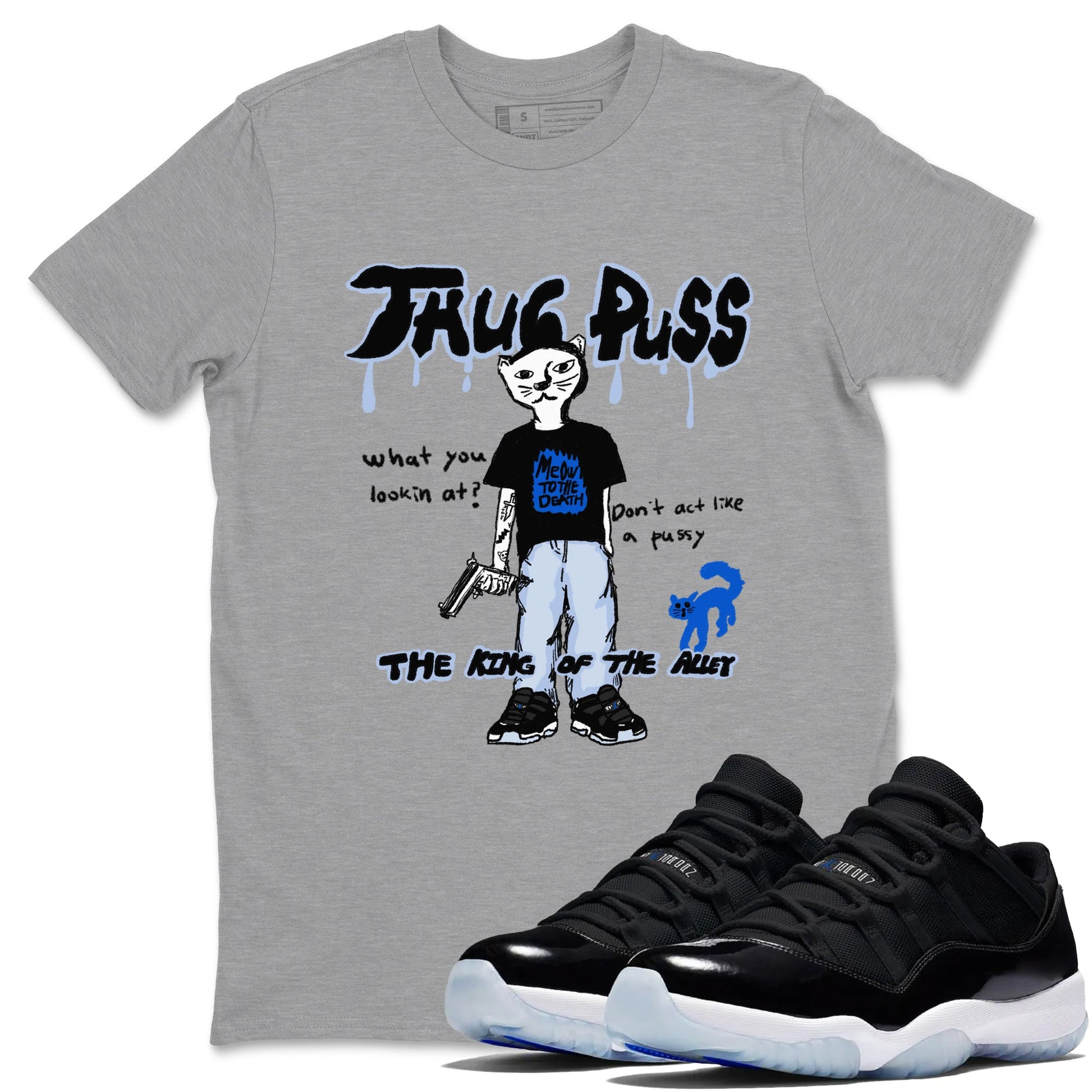 11s Low Space shirt to match jordans Thug Puss sneaker tees Air Jordan 11 Black/Varsity Royal SNRT Sneaker Release Tees unisex cotton Heather Grey 1 crew neck shirt