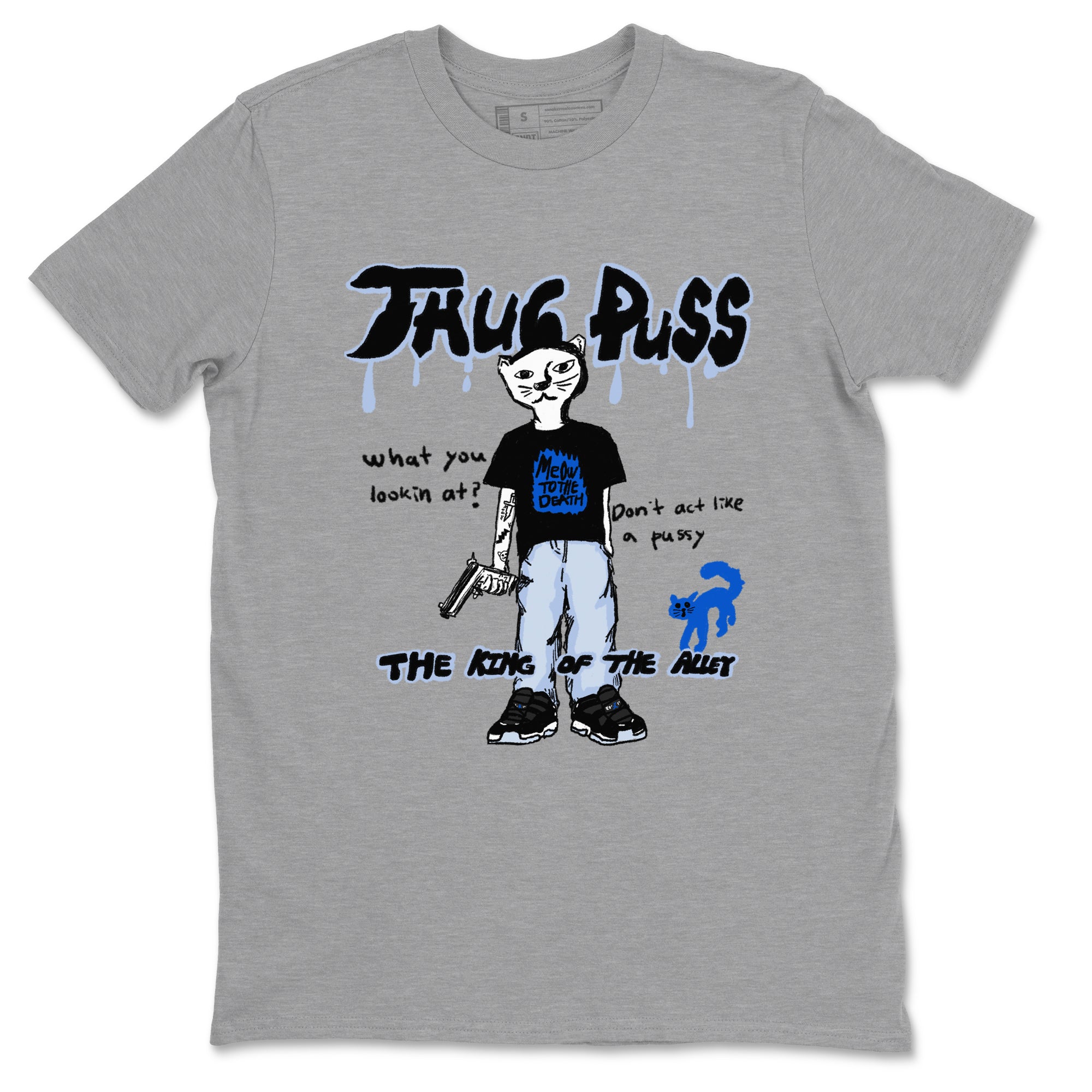 11s Low Space shirt to match jordans Thug Puss sneaker tees Air Jordan 11 Black/Varsity Royal SNRT Sneaker Release Tees unisex cotton Heather Grey 2 crew neck shirt