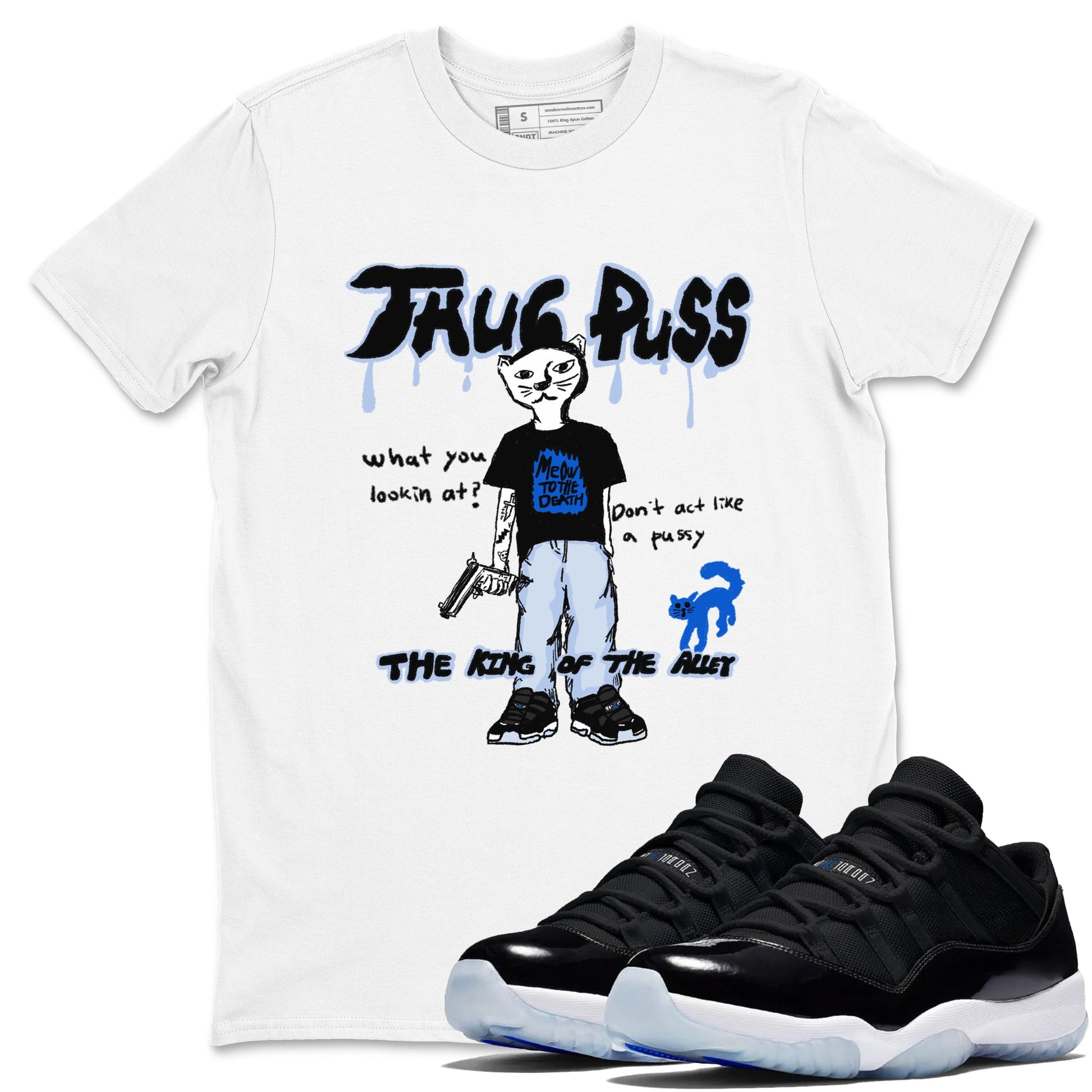 11s Low Space shirt to match jordans Thug Puss sneaker tees Air Jordan 11 Black/Varsity Royal SNRT Sneaker Release Tees unisex cotton White 1 crew neck shirt
