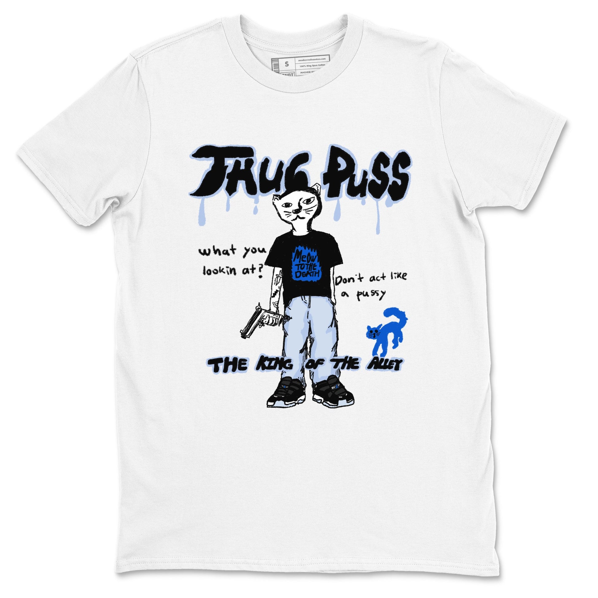 11s Low Space shirt to match jordans Thug Puss sneaker tees Air Jordan 11 Black/Varsity Royal SNRT Sneaker Release Tees unisex cotton White 2 crew neck shirt