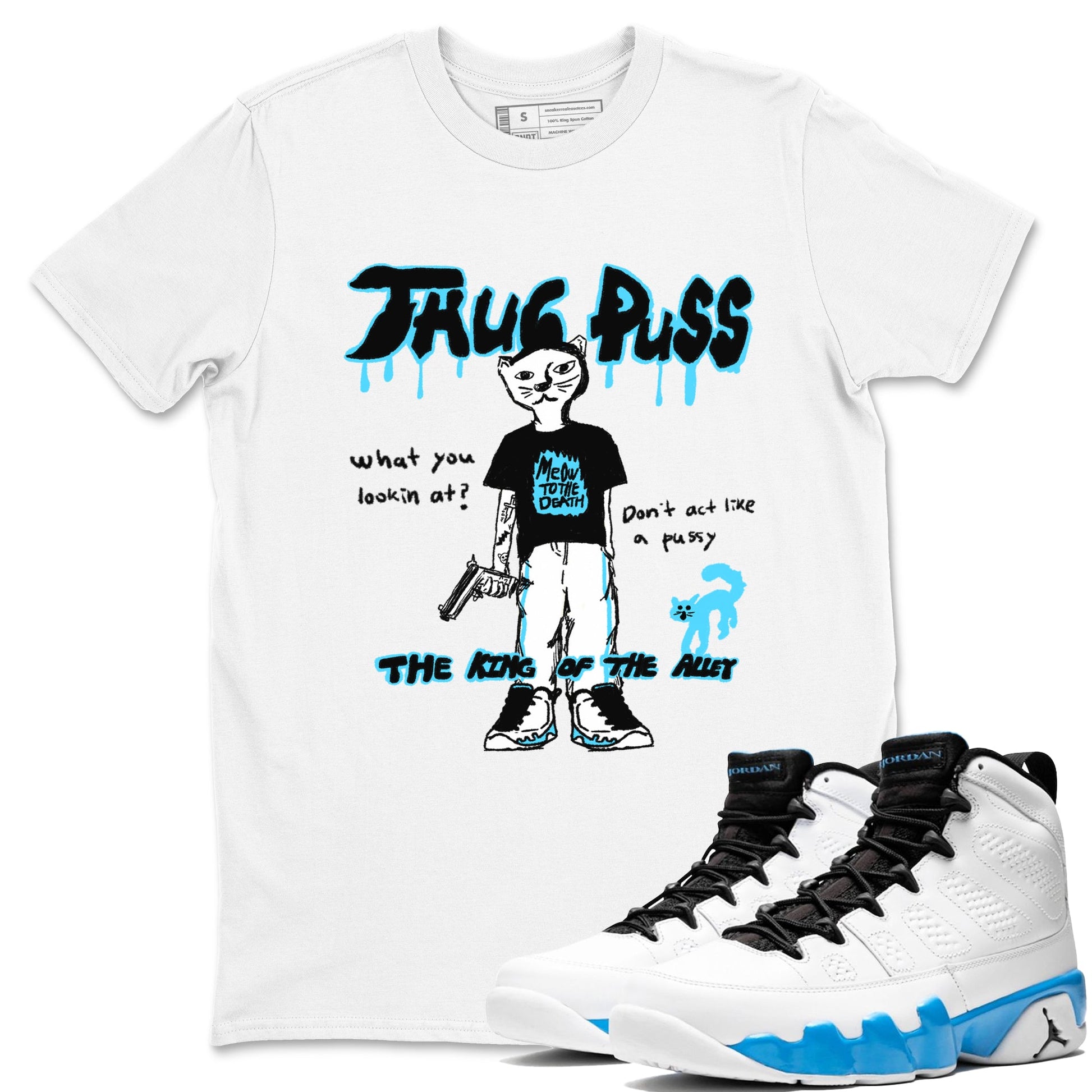9s Powder Blue shirt to match jordans Thug Puss sneaker tees Air Jordan 9 Powder Blue SNRT Sneaker Release Tees unisex cotton White 1 crew neck shirt